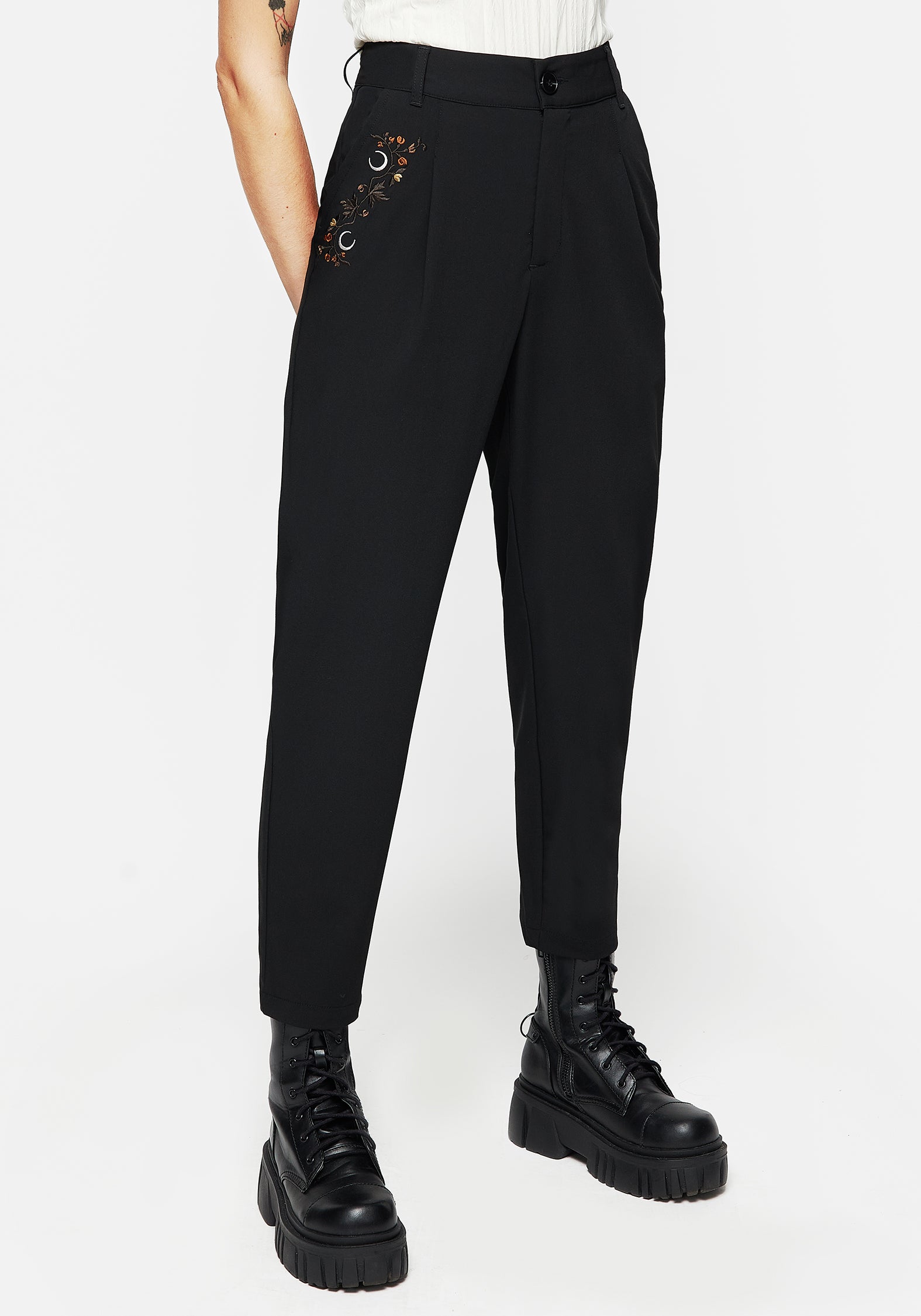 Embroidered Tapered Trousers with Floral Moon Design | Japonica