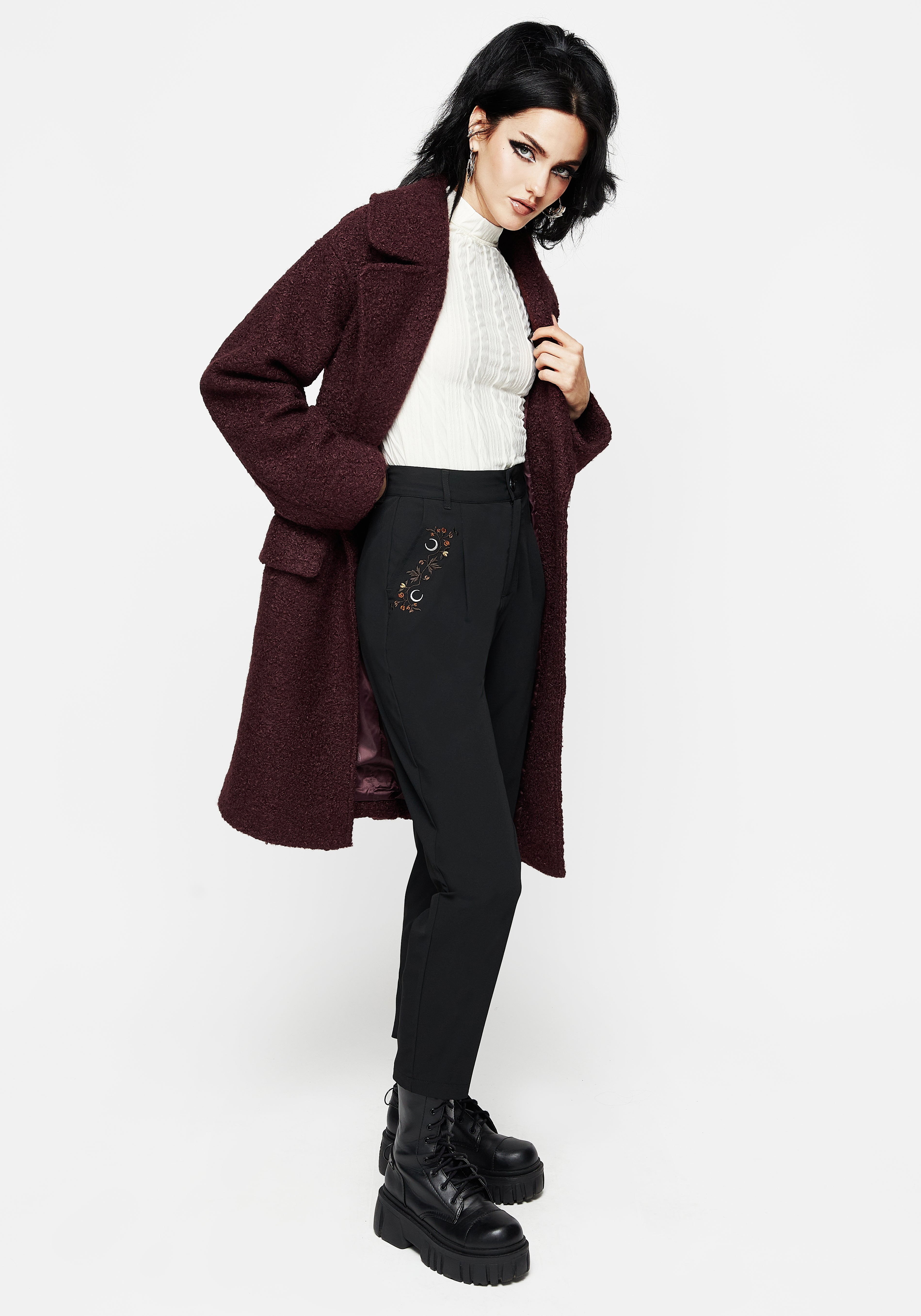 Embroidered Tapered Trousers with Floral Moon Design | Japonica
