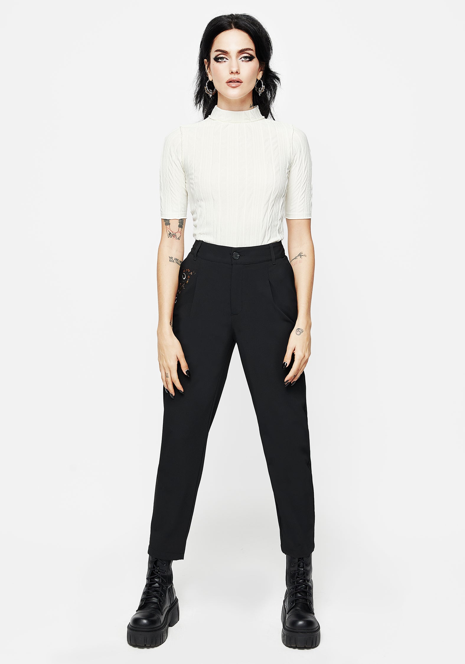 Embroidered Tapered Trousers with Floral Moon Design | Japonica