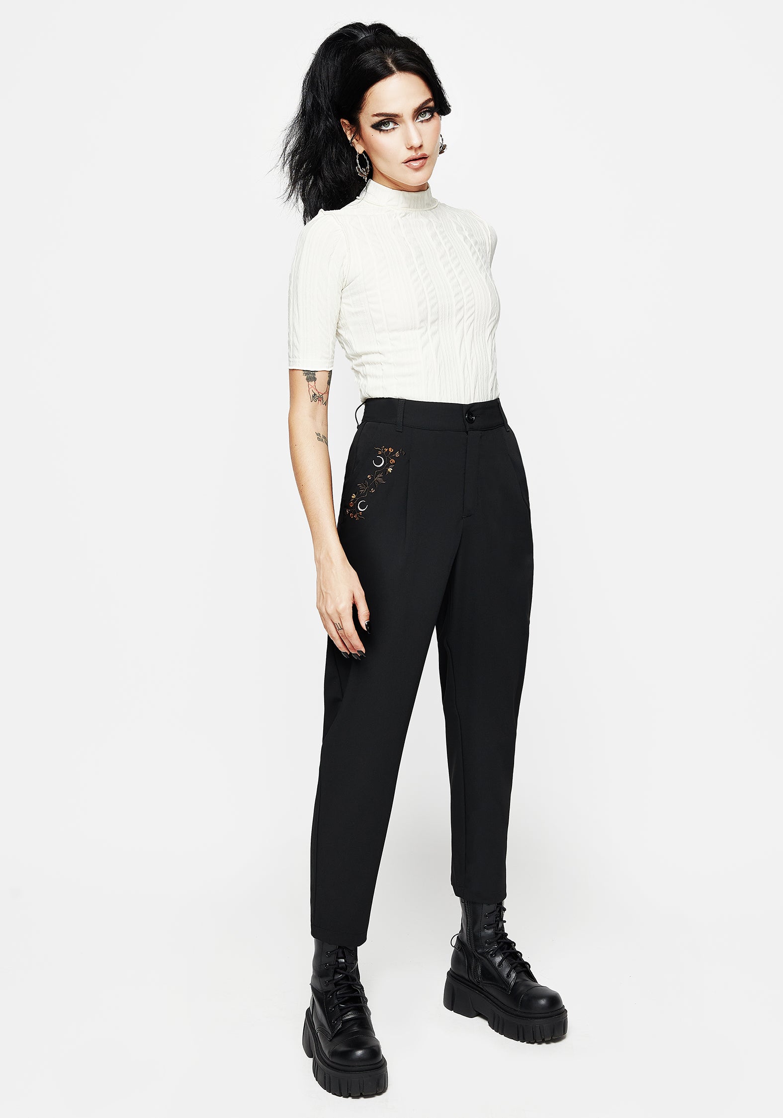 Embroidered Tapered Trousers with Floral Moon Design | Japonica