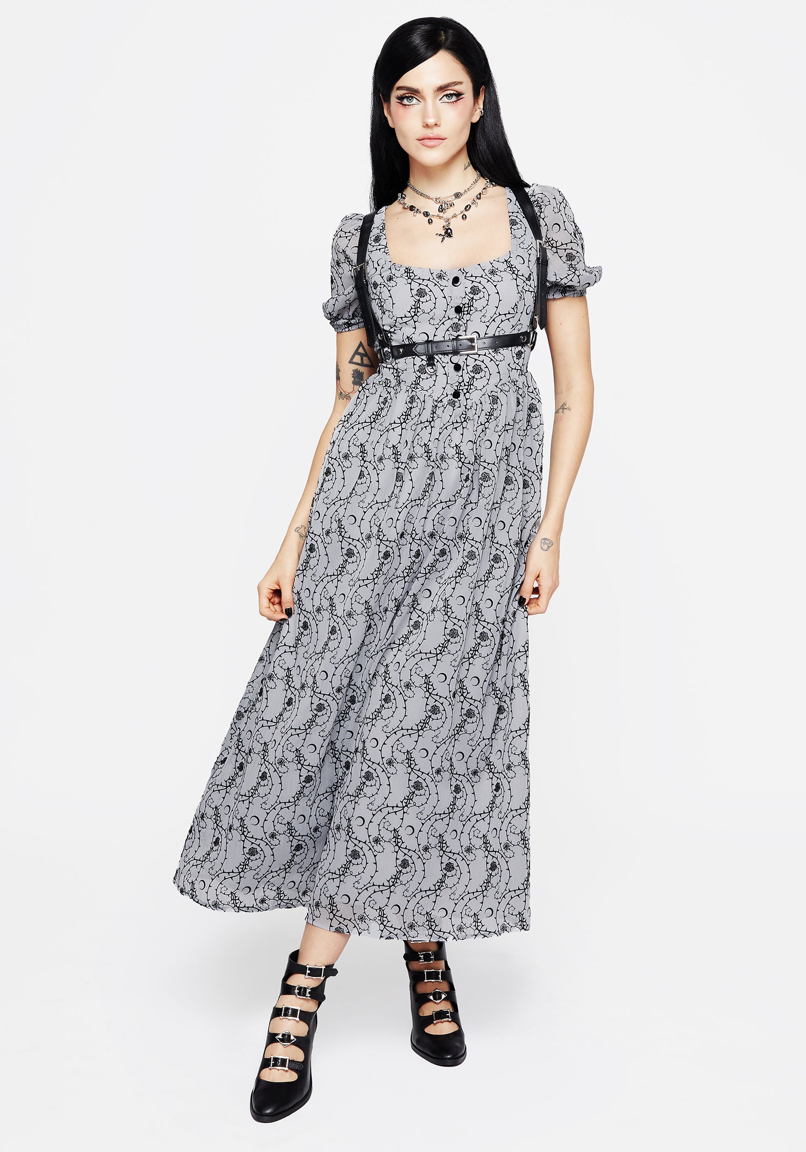 Blue Flocked Velour Puff Sleeve Dress | Rosethorn Midaxi
