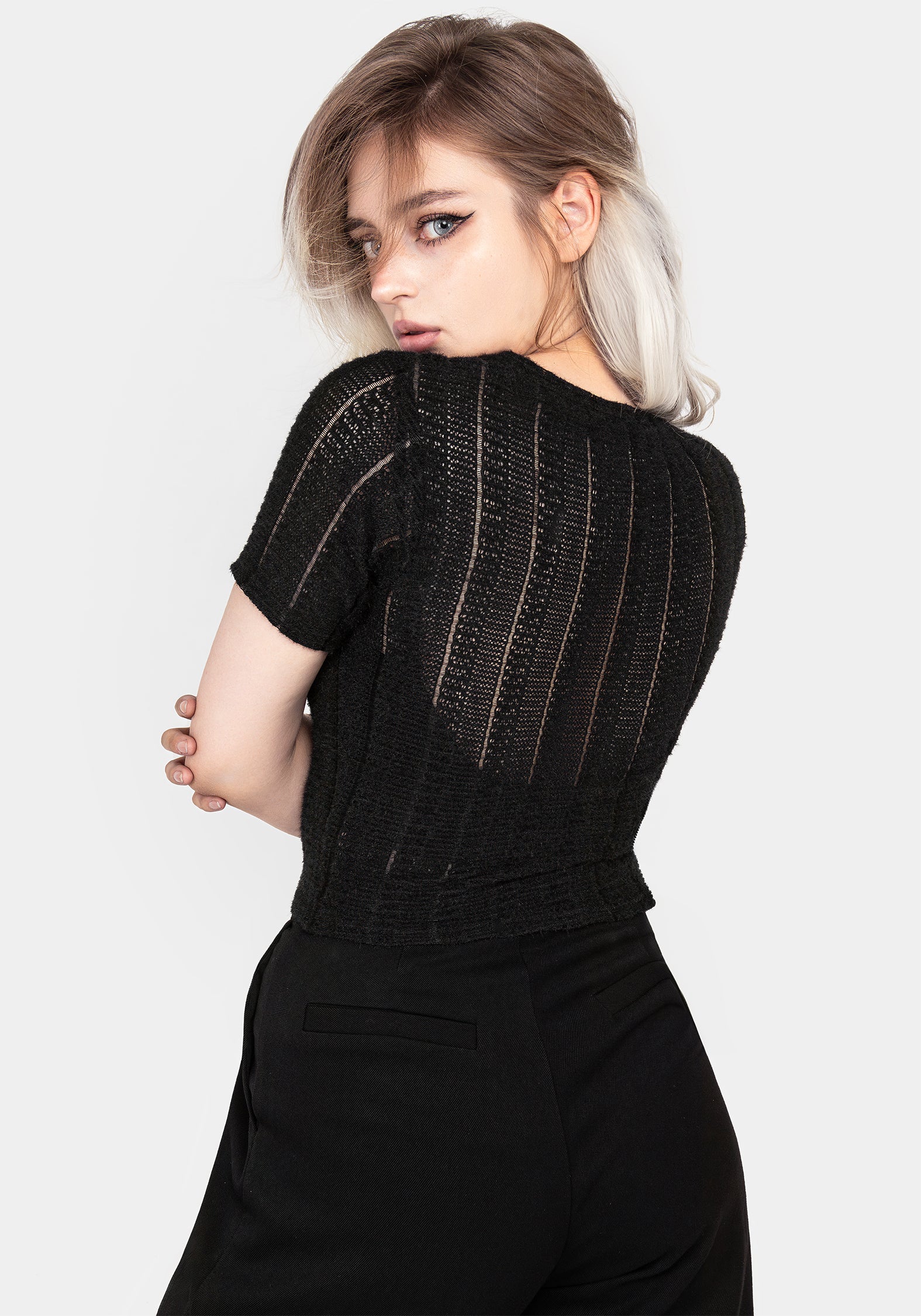 Crinkle Crop Top in Black | Slim Fit & Sheer Texture | Donner