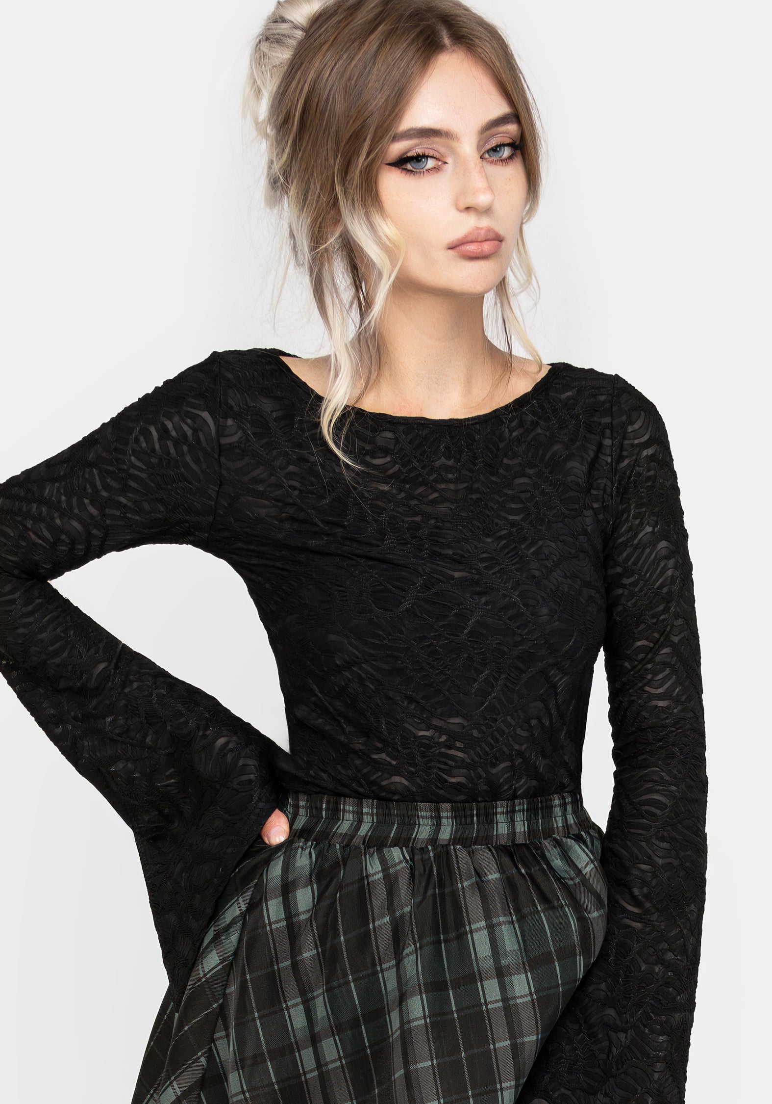 Black Flute Sleeve Top with Boat Neckline | Reinette