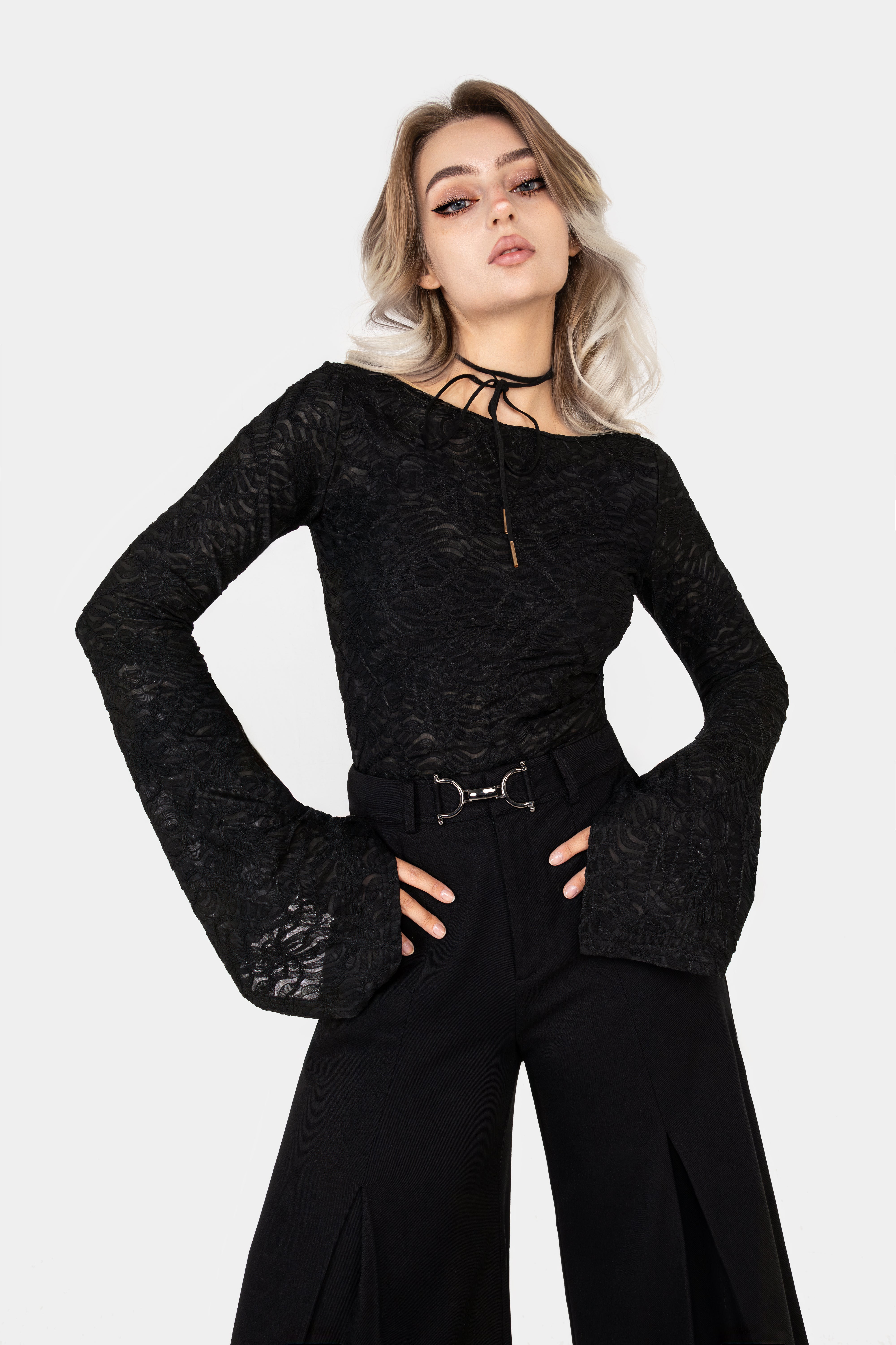 Black Flute Sleeve Top with Boat Neckline | Reinette