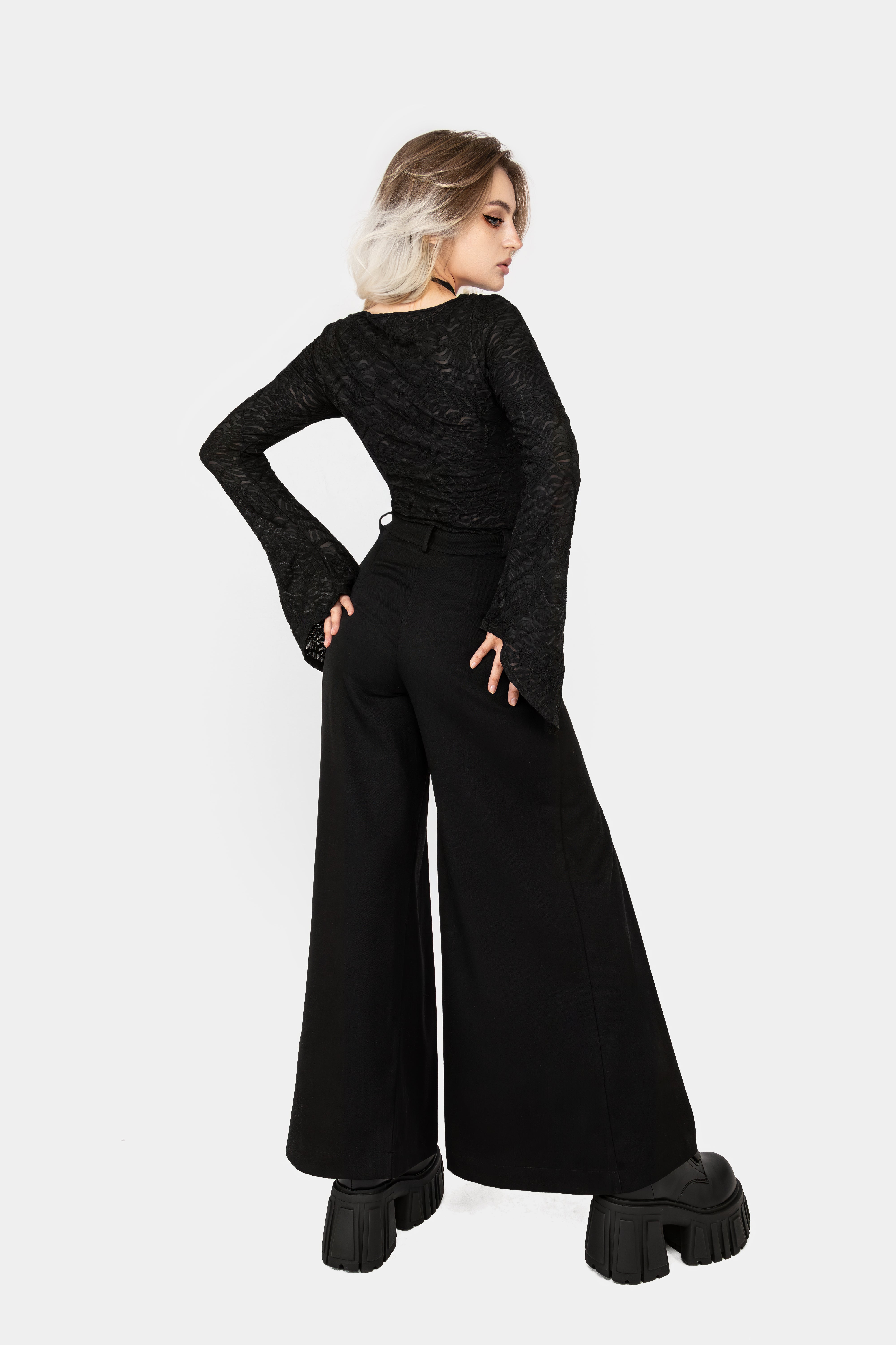 Black Flute Sleeve Top with Boat Neckline | Reinette