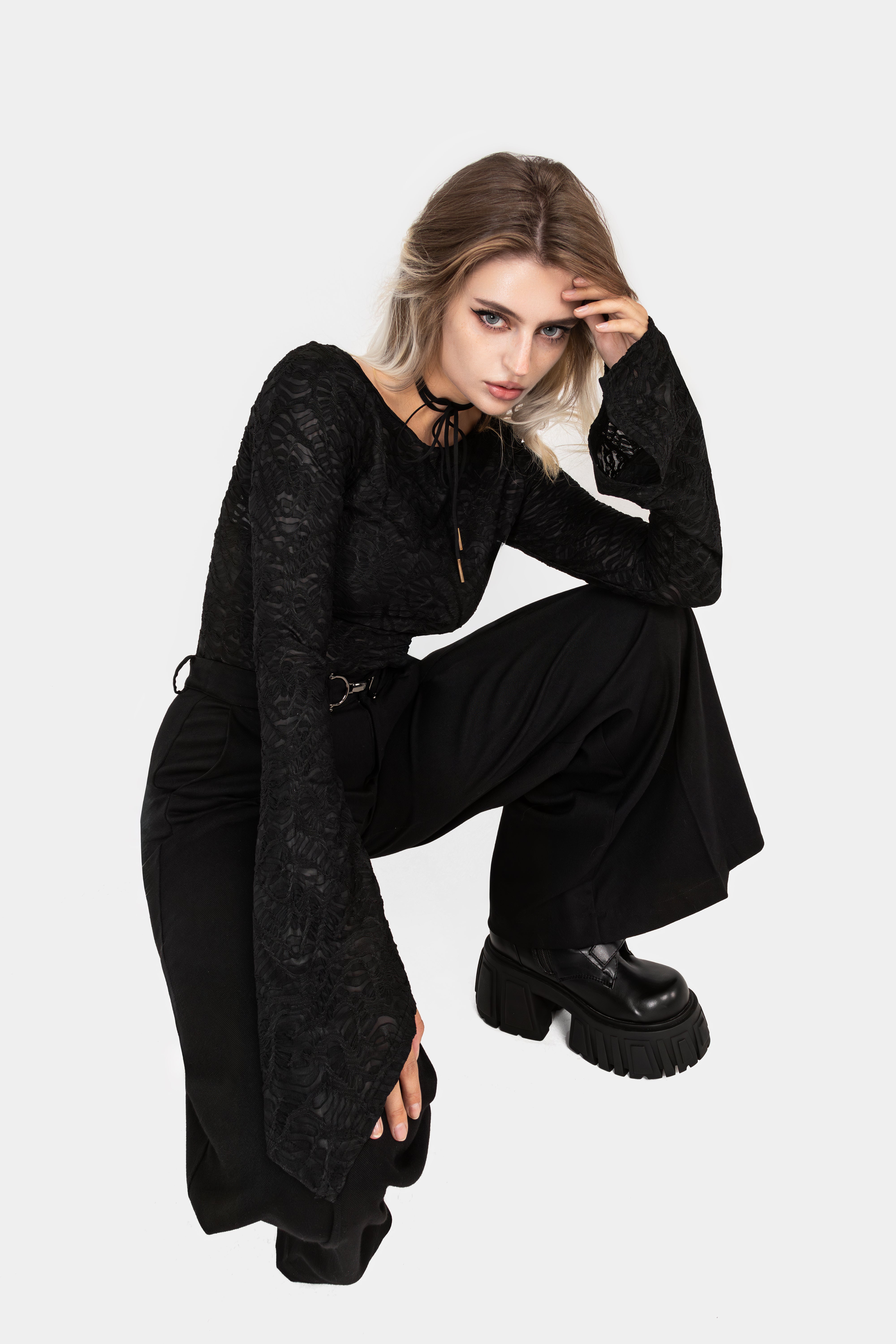 Black Flute Sleeve Top with Boat Neckline | Reinette