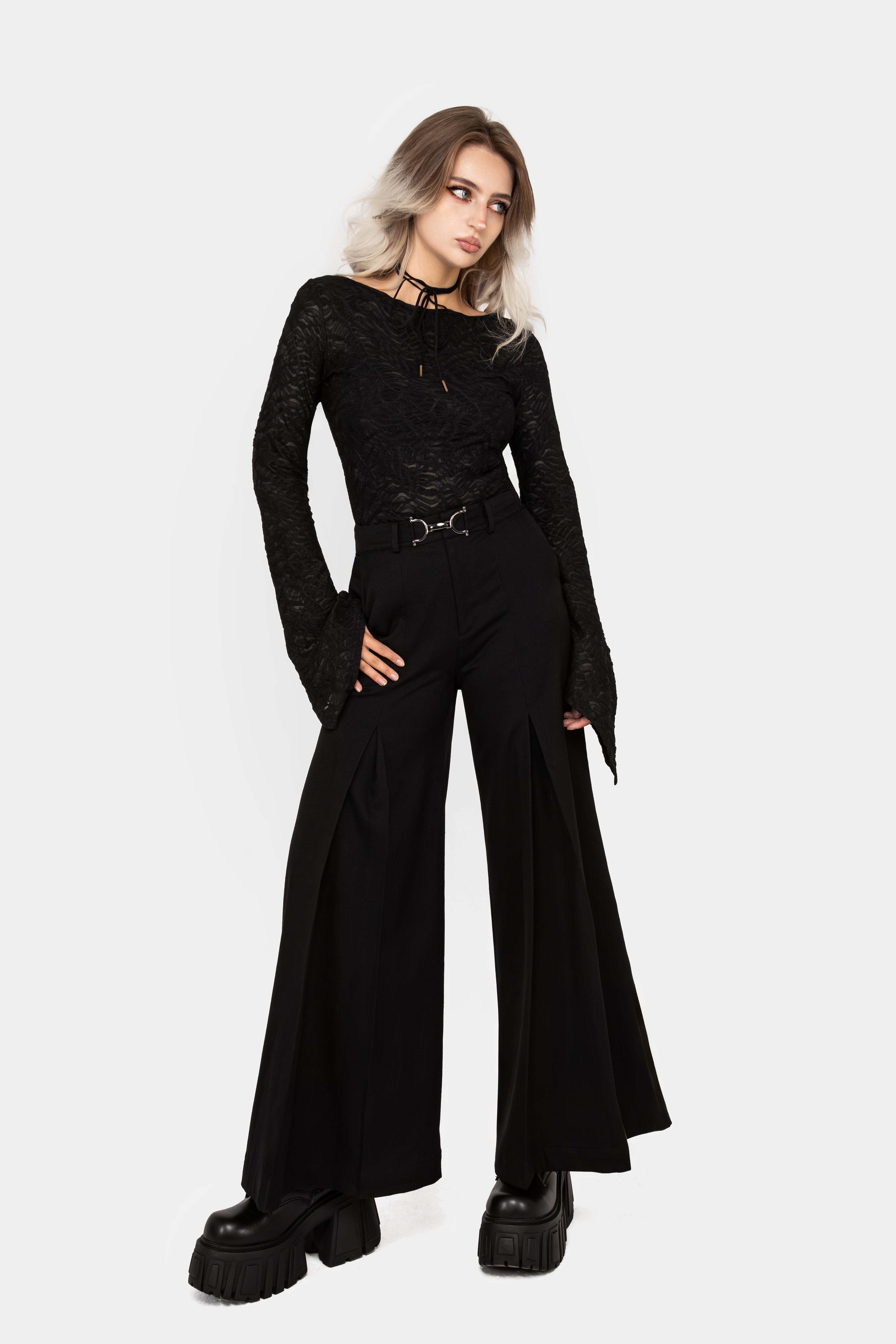 Black Flute Sleeve Top with Boat Neckline | Reinette