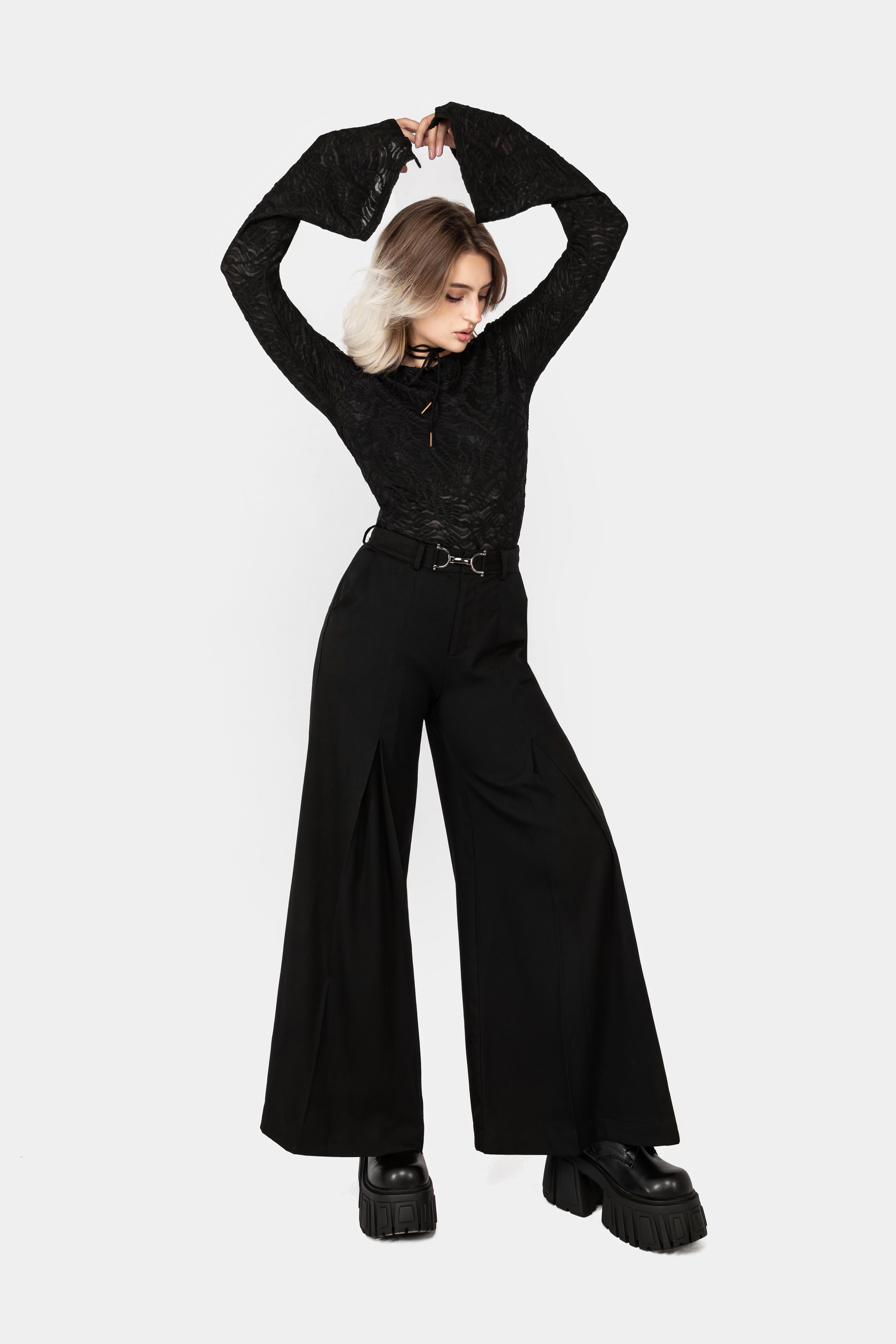Black Flute Sleeve Top with Boat Neckline | Reinette