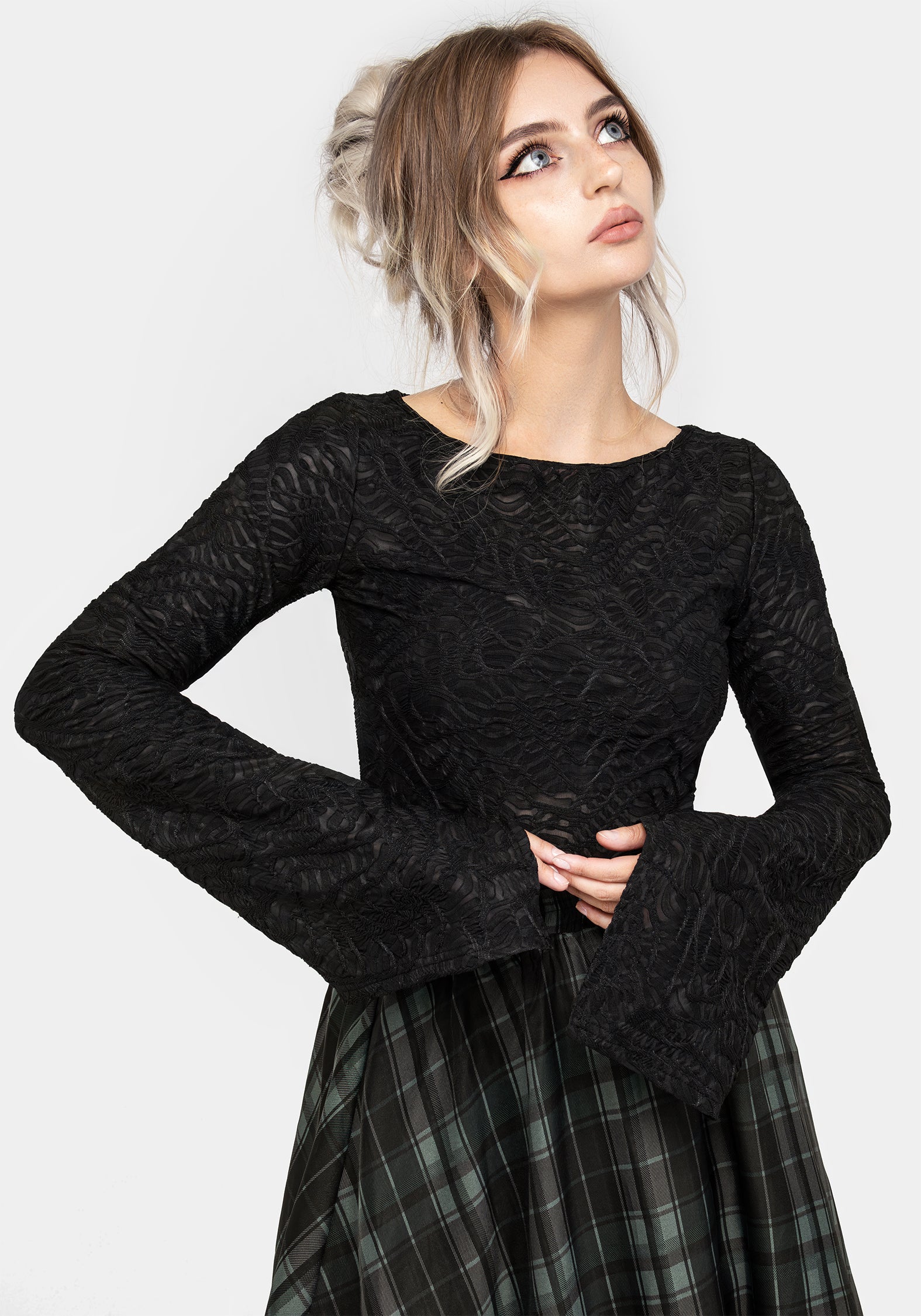 Black Flute Sleeve Top with Boat Neckline | Reinette