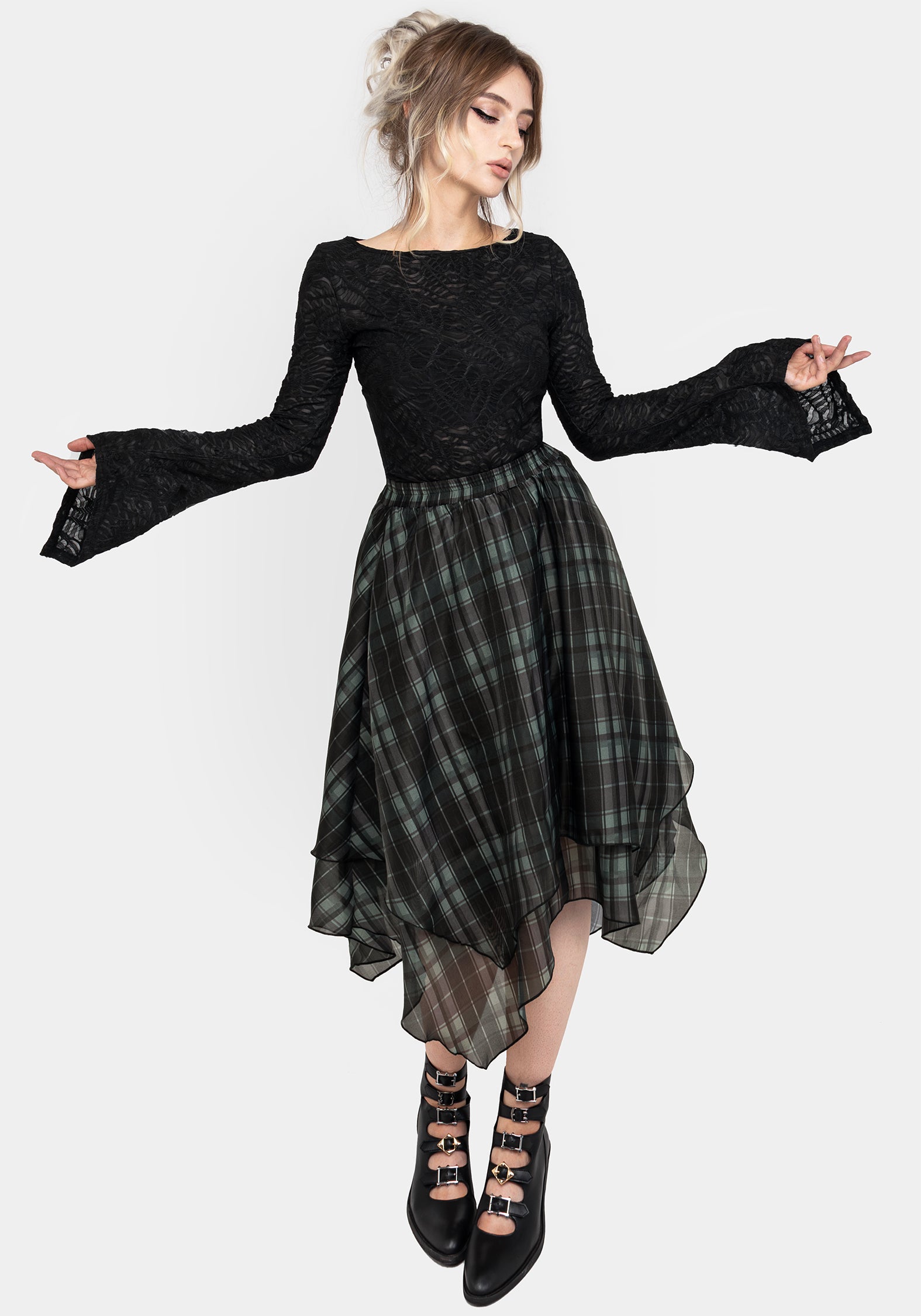 Black Flute Sleeve Top with Boat Neckline | Reinette