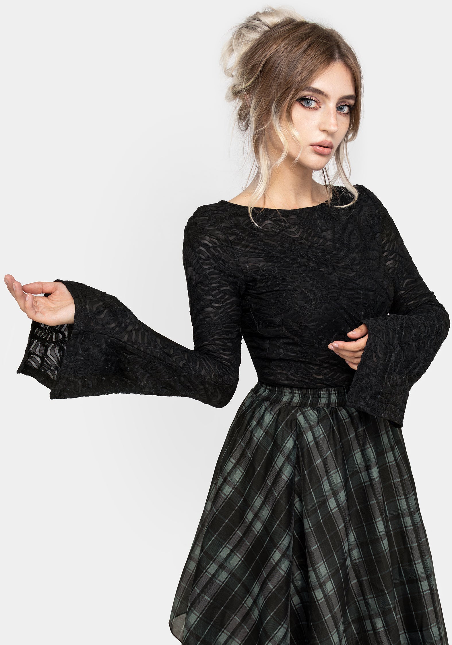 Black Flute Sleeve Top with Boat Neckline | Reinette