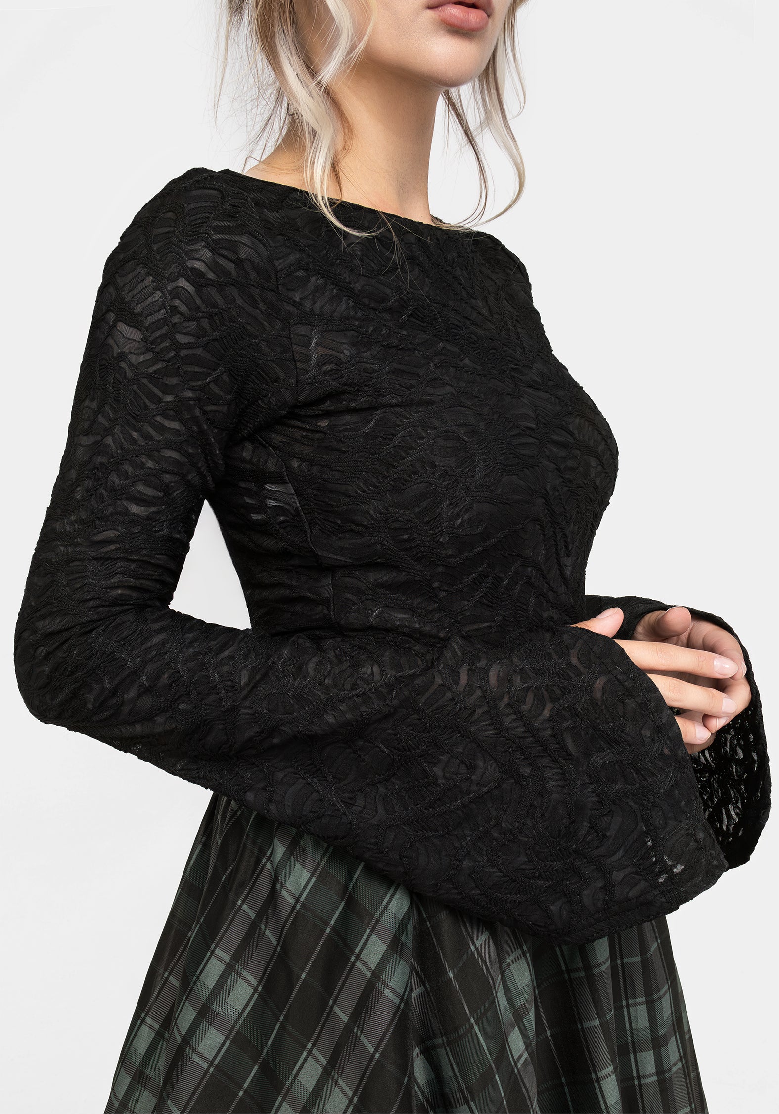 Black Flute Sleeve Top with Boat Neckline | Reinette
