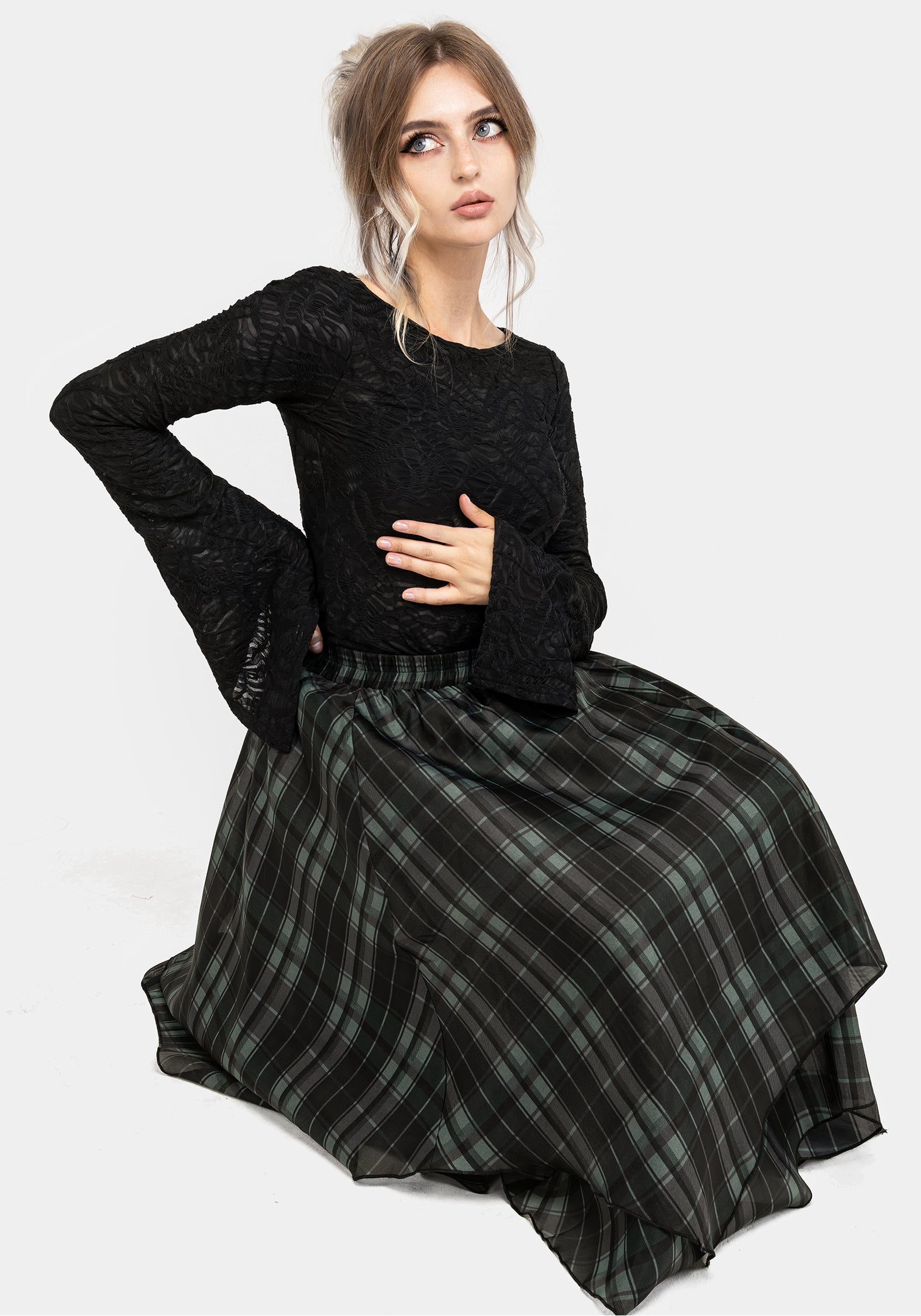 Black Flute Sleeve Top with Boat Neckline | Reinette