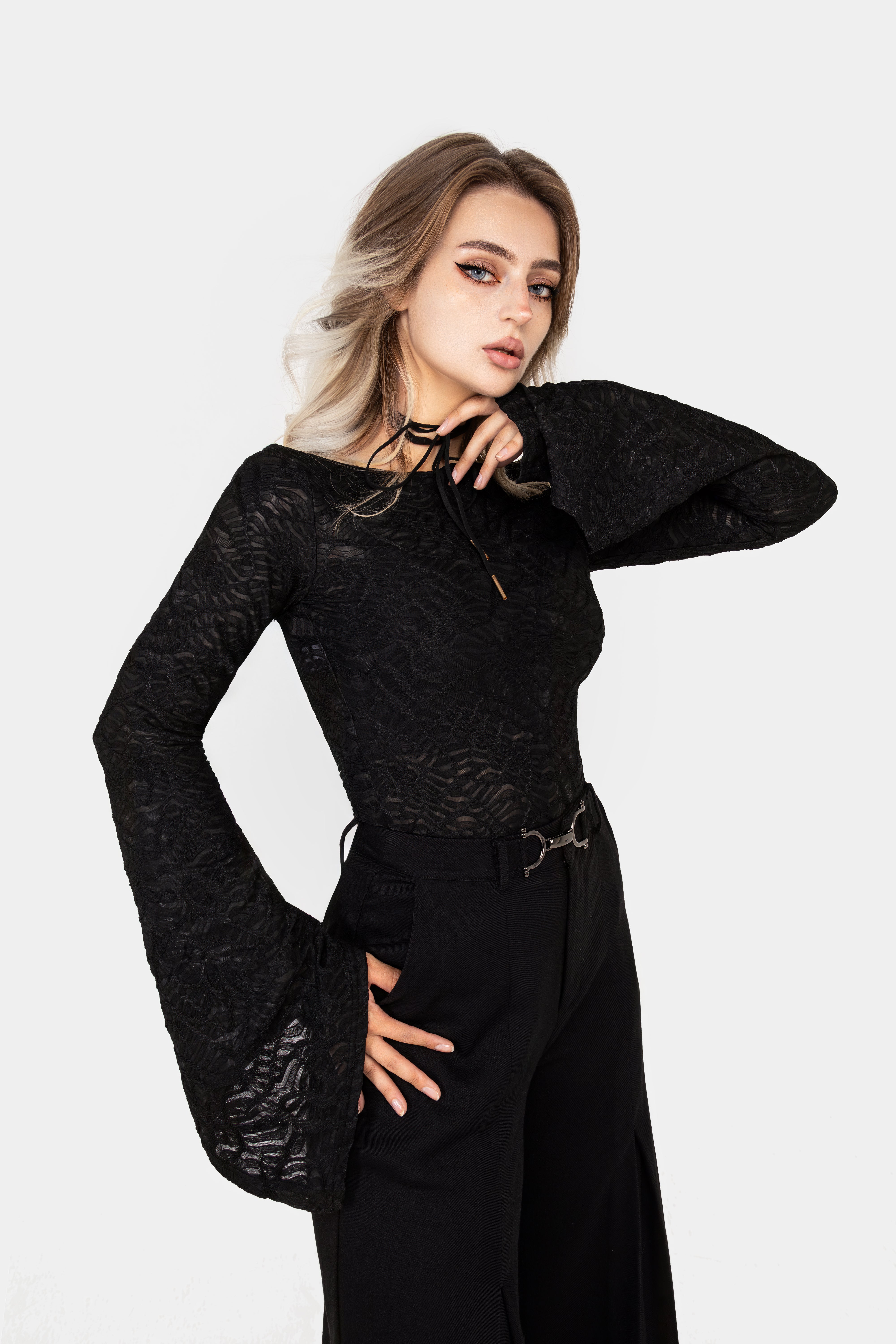 Black Flute Sleeve Top with Boat Neckline | Reinette