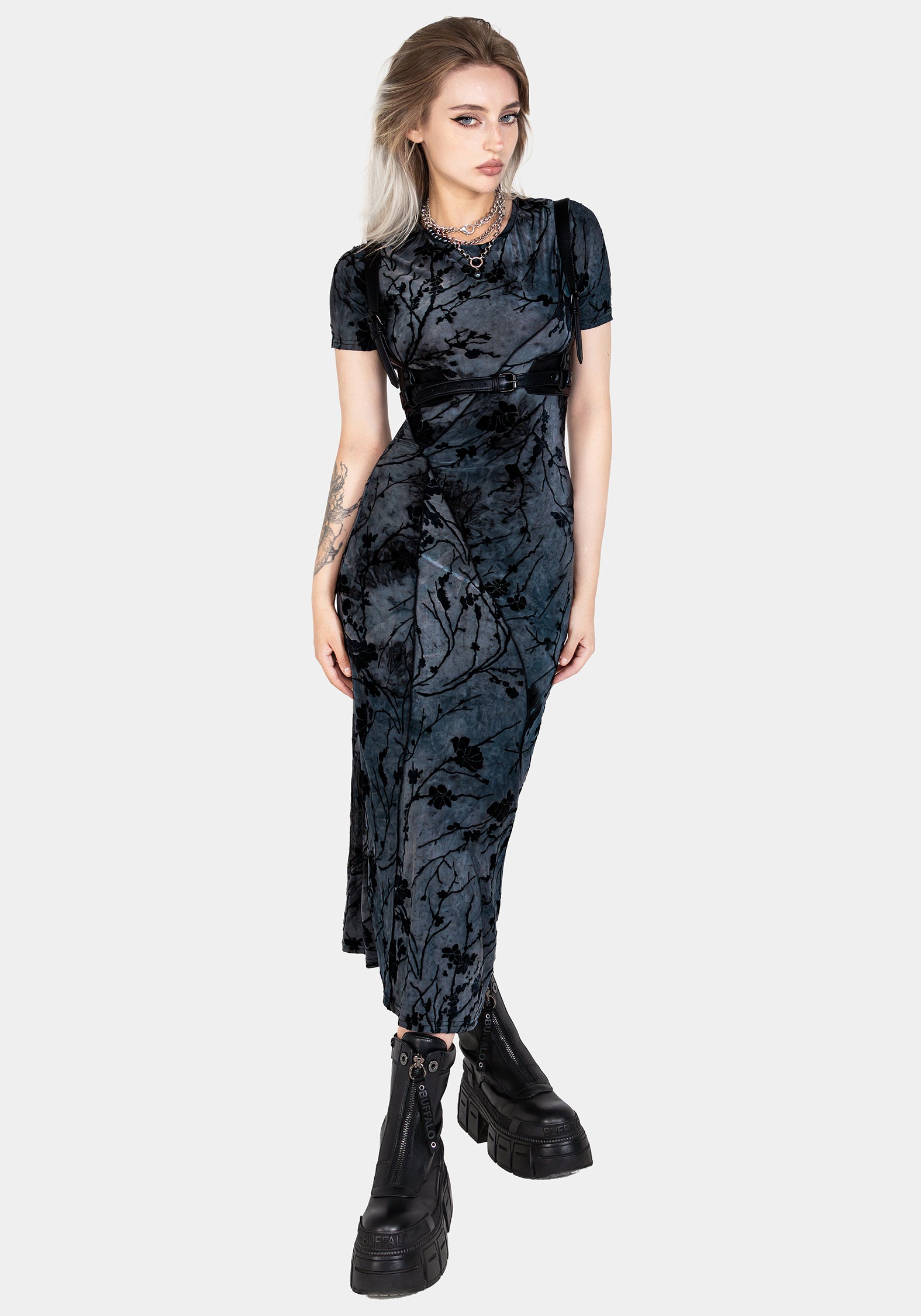 Blue Floral Velour Bodycon Dress | Wytchelm Midaxi