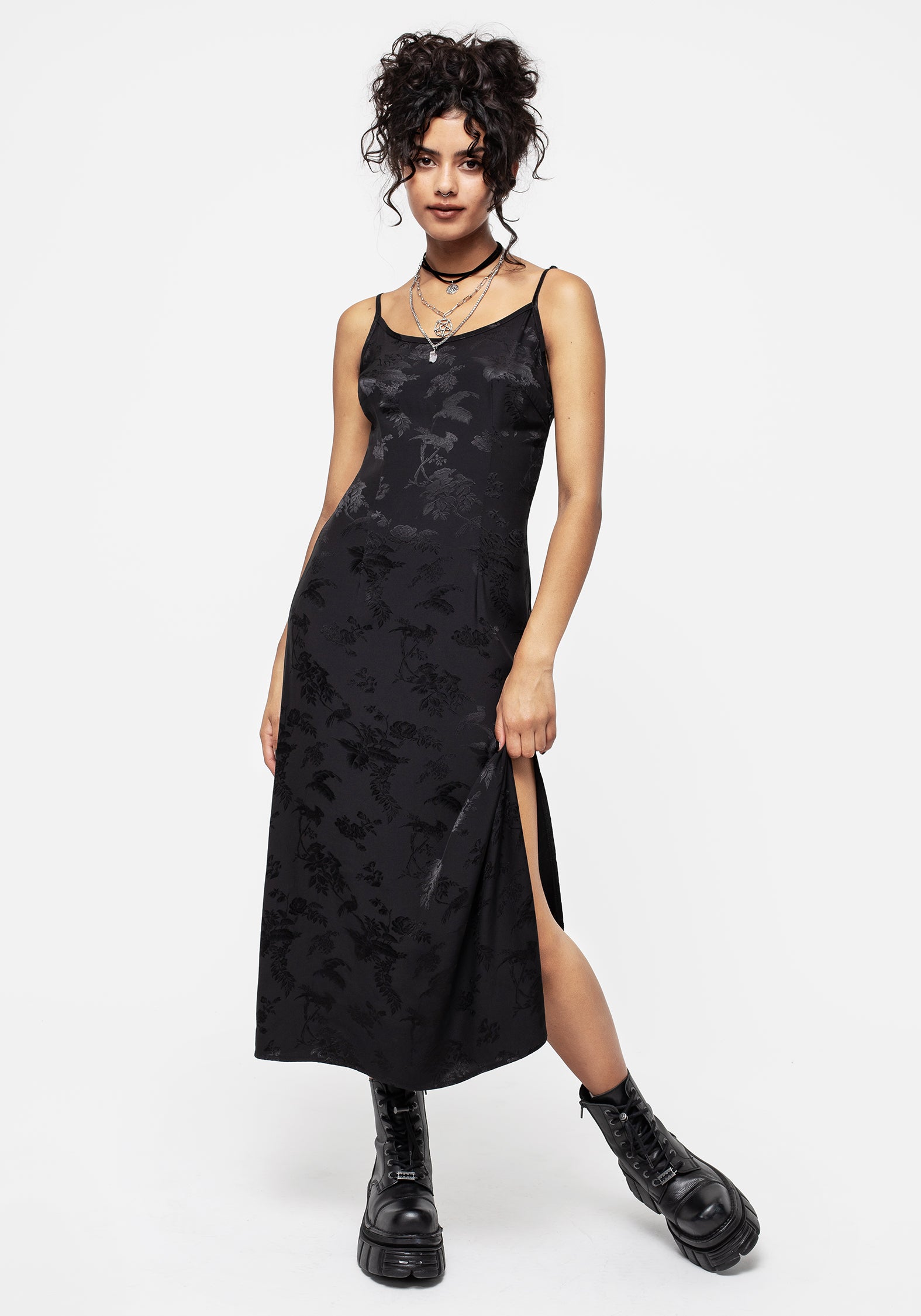 Black Floral Jacquard Midaxi Slip Dress with Adjustable Straps | Carissa