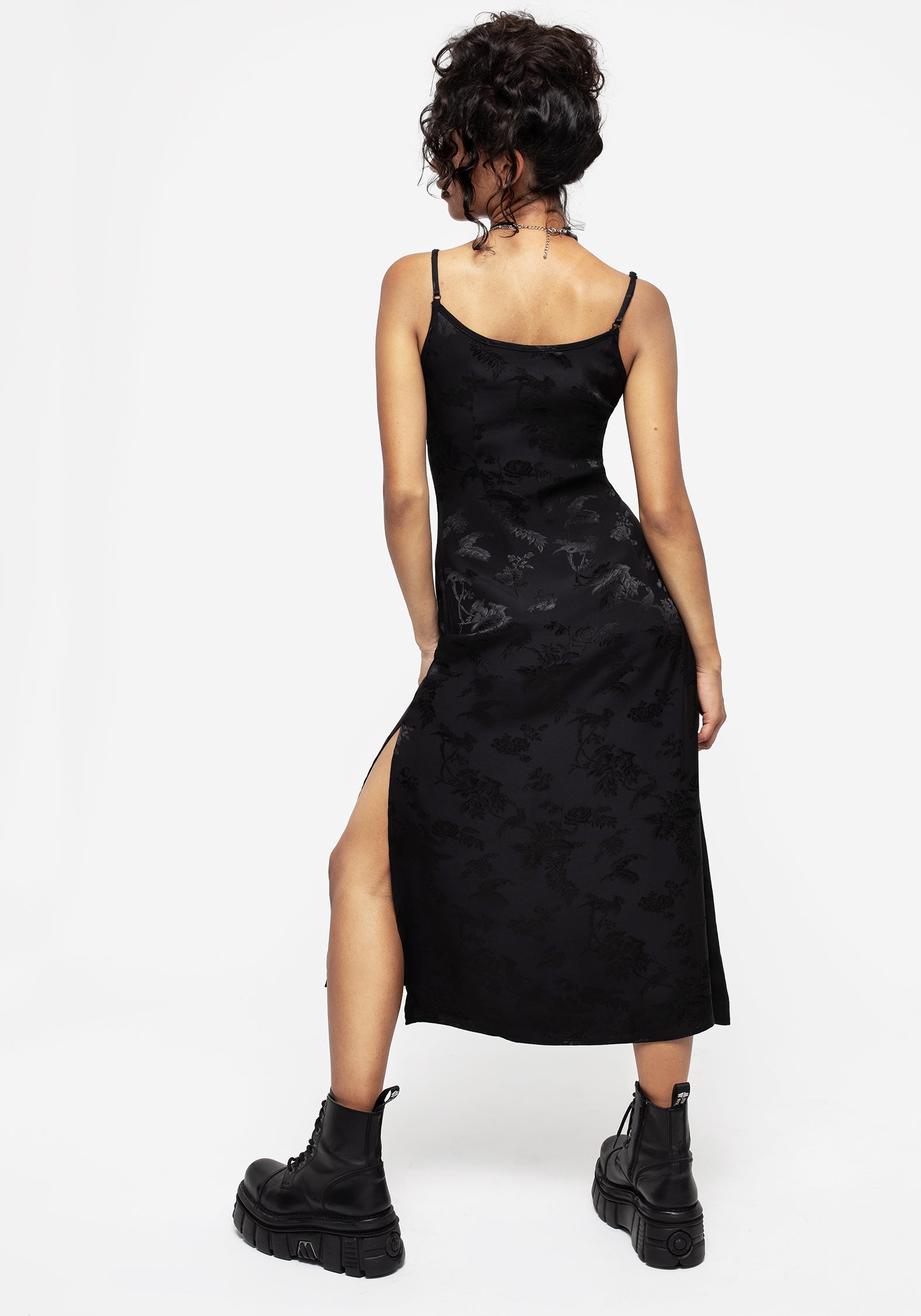 Black Floral Jacquard Midaxi Slip Dress with Adjustable Straps | Carissa