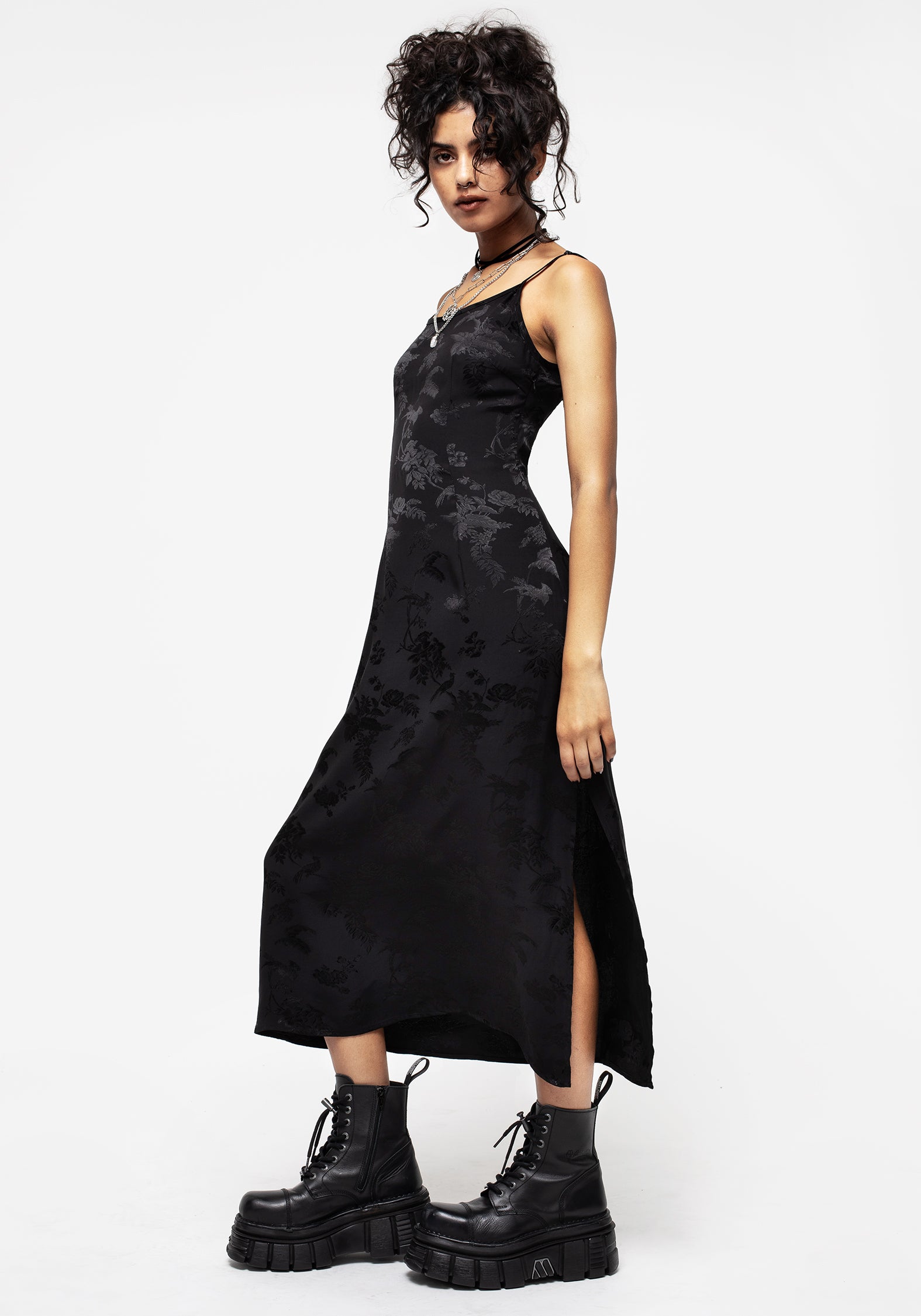 Black Floral Jacquard Midaxi Slip Dress with Adjustable Straps | Carissa