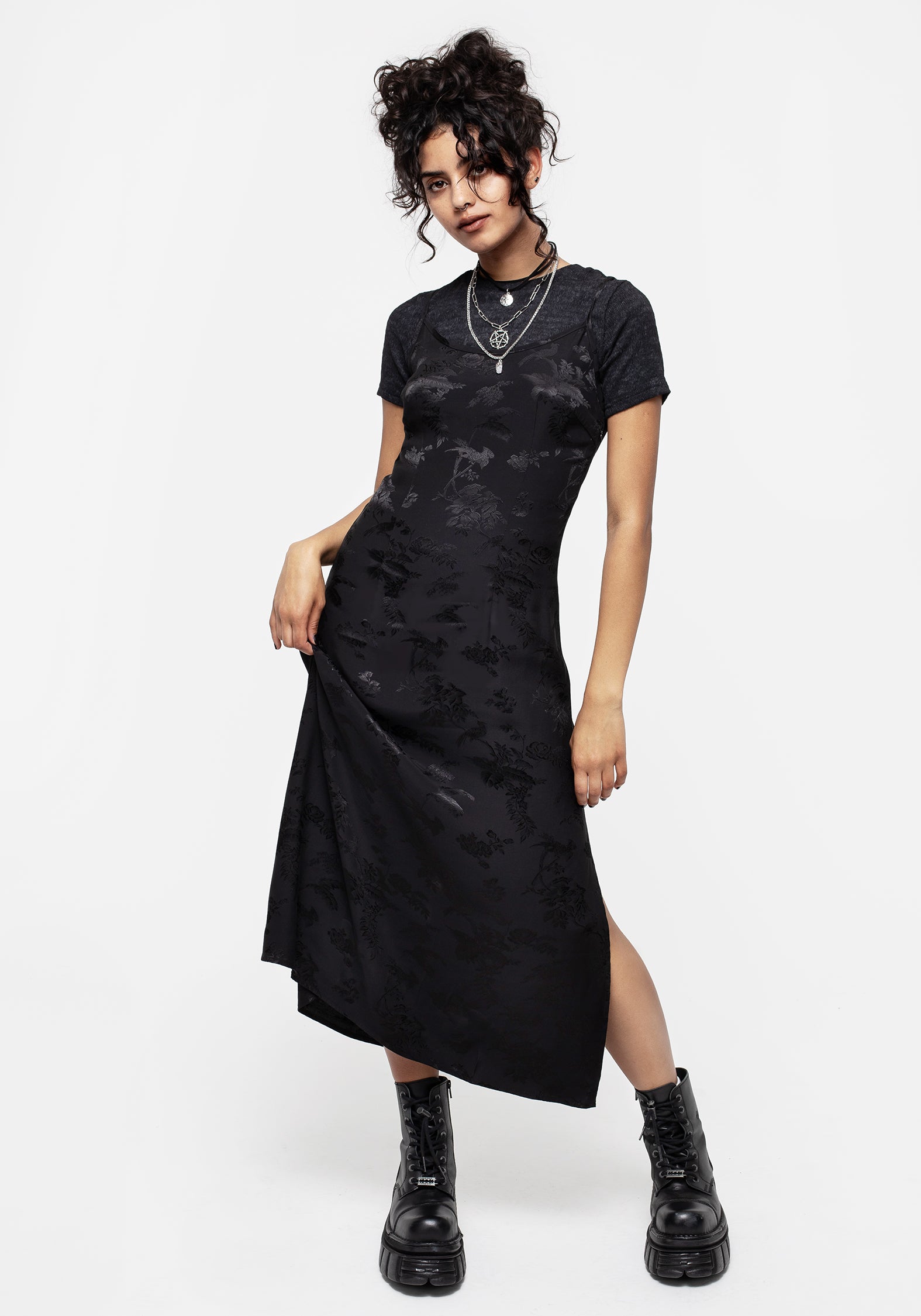 Black Floral Jacquard Midaxi Slip Dress with Adjustable Straps | Carissa