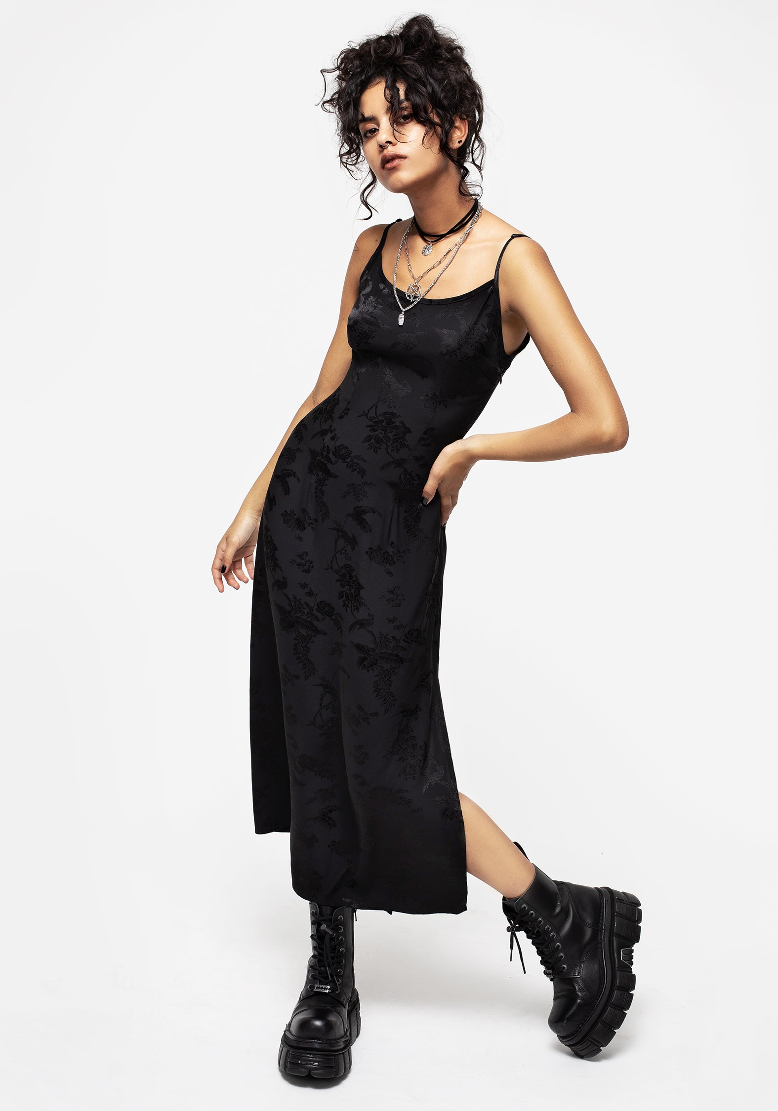 Black Floral Jacquard Midaxi Slip Dress with Adjustable Straps | Carissa