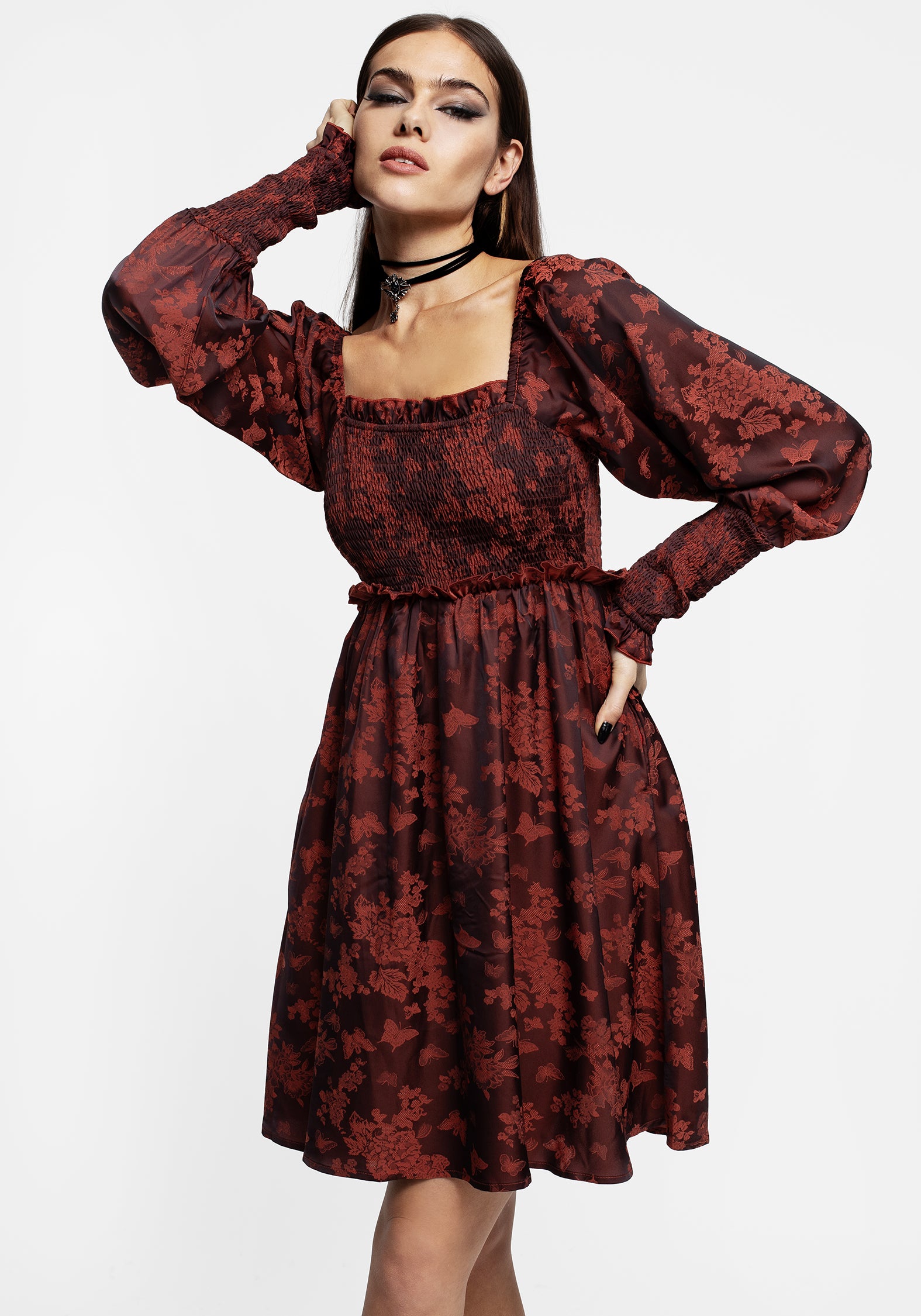 Floral Butterfly Jacquard Mini Dress with Pockets | Euthalia