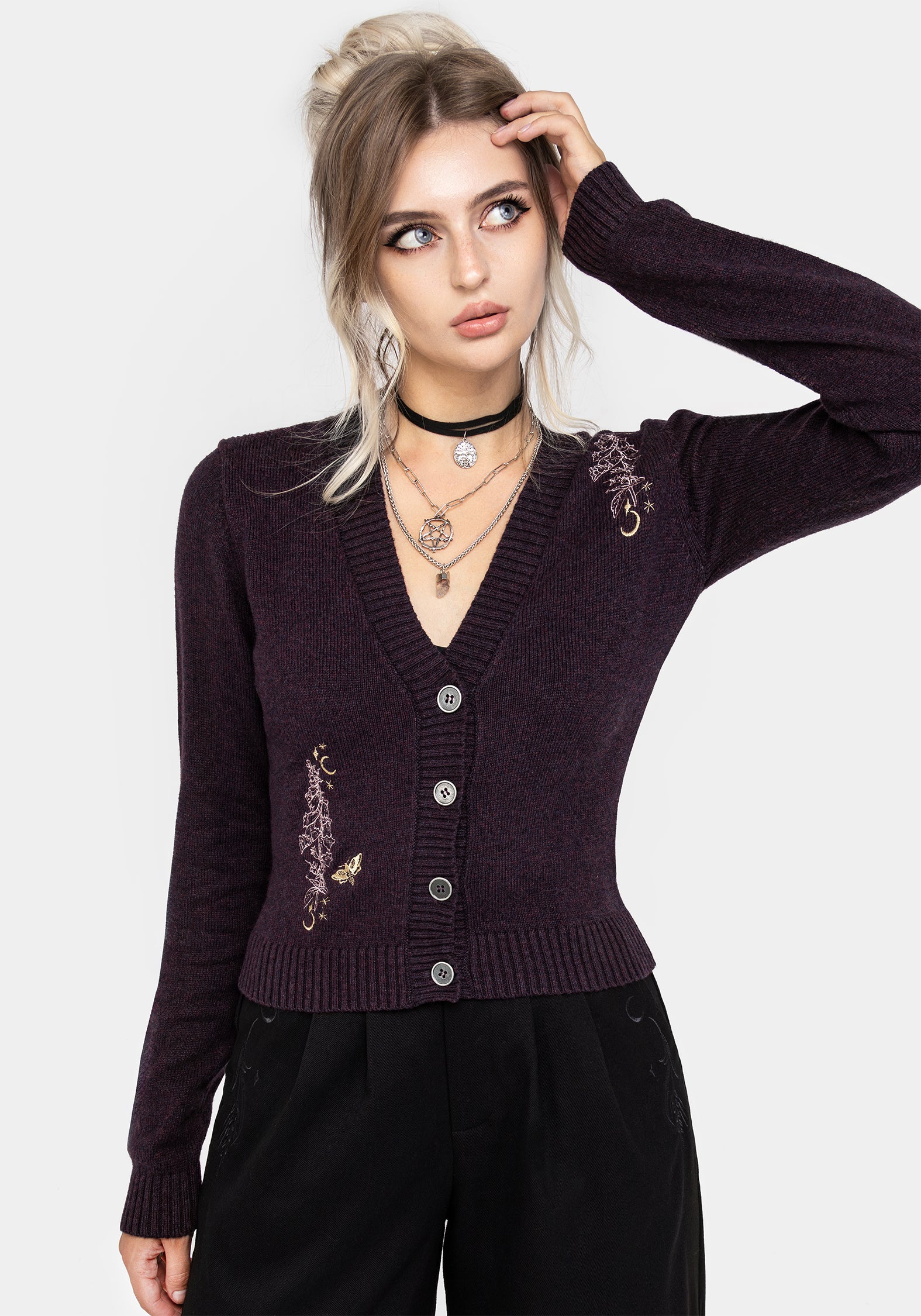 Floral Embroidered Knit Crop Cardigan - Foxglove