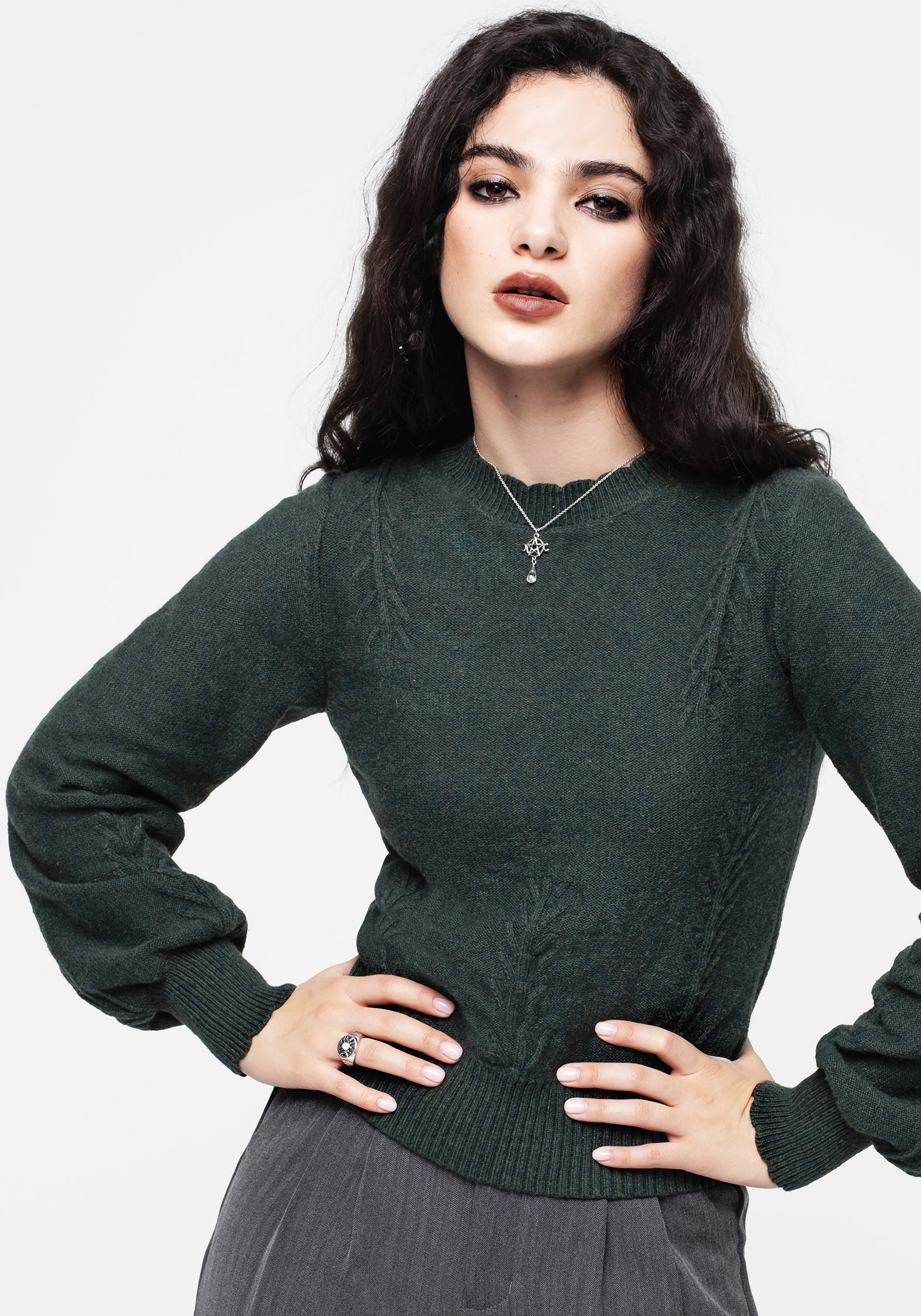 Fern Intarsia Knit Sweater with Scalloped Neckline | Canopy Raised