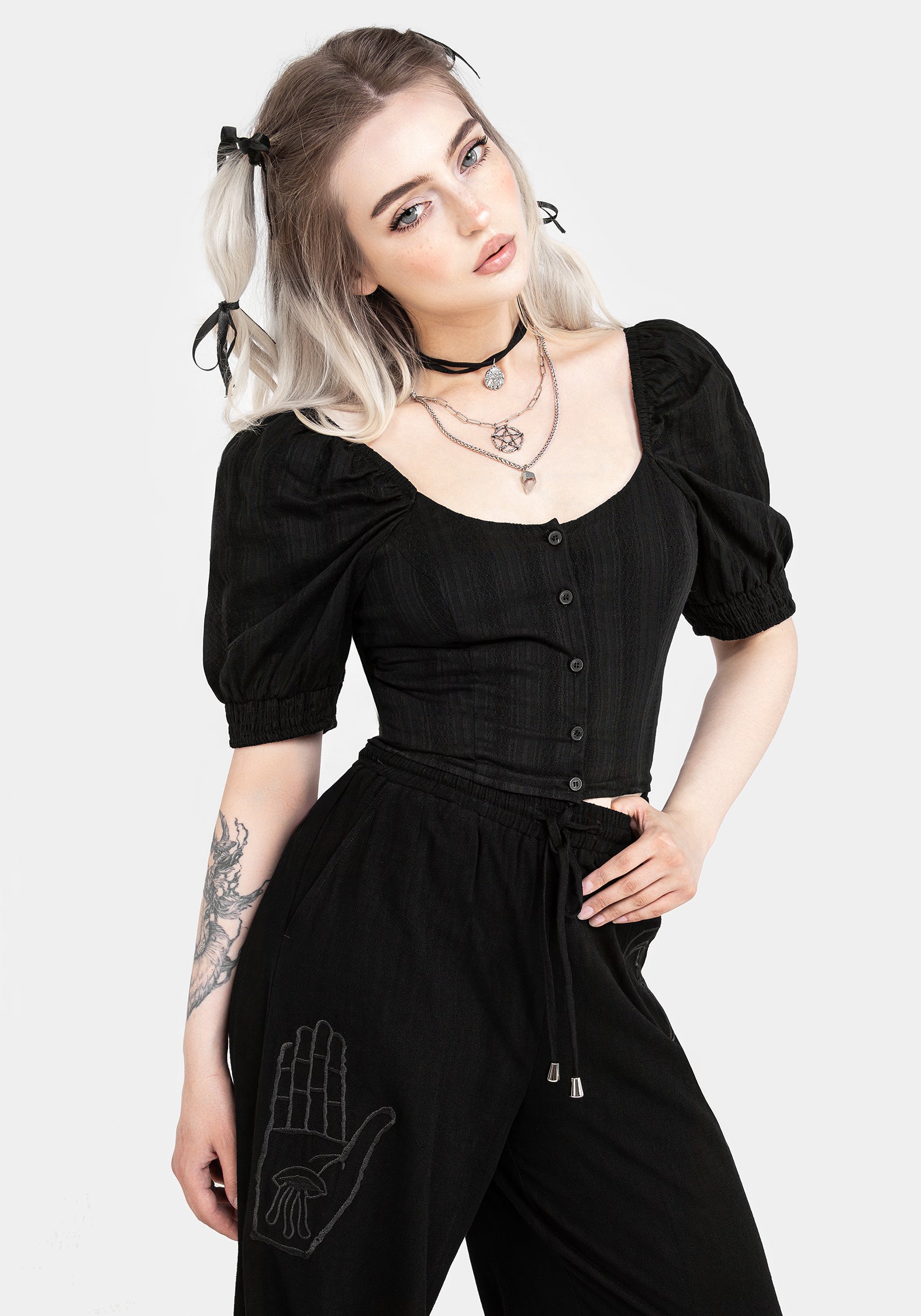 Black Cotton Puff Sleeve Blouse Top with Button-Up Front | Gorse