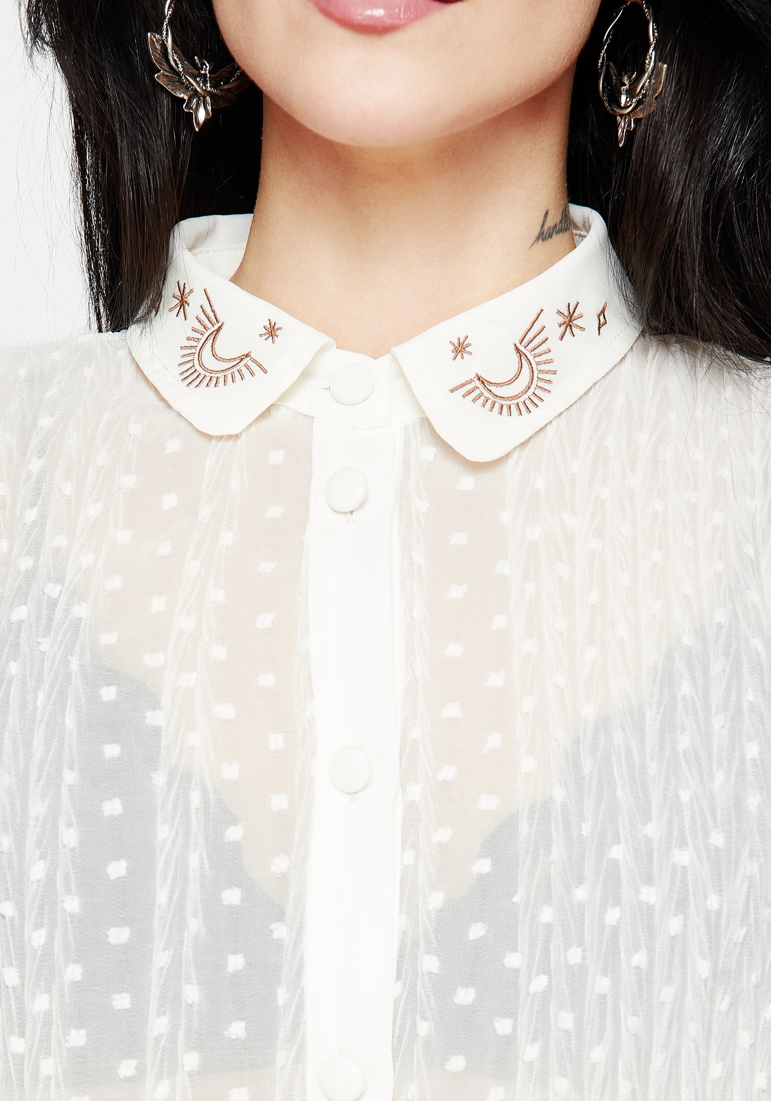 Embroidered Chiffon Blouse with Puff Sleeves & Velour Bows | Madeleine