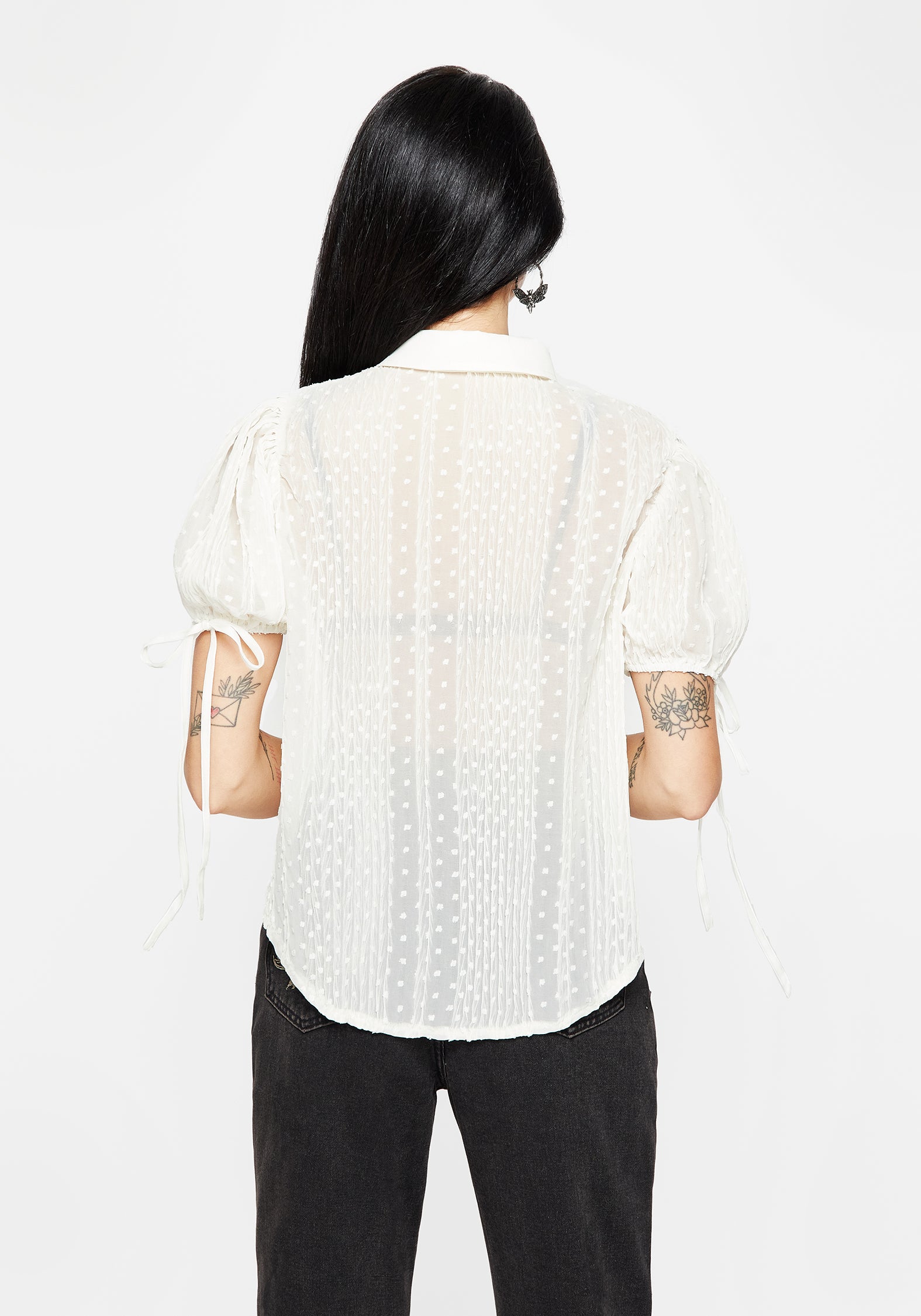 Embroidered Chiffon Blouse with Puff Sleeves & Velour Bows | Madeleine