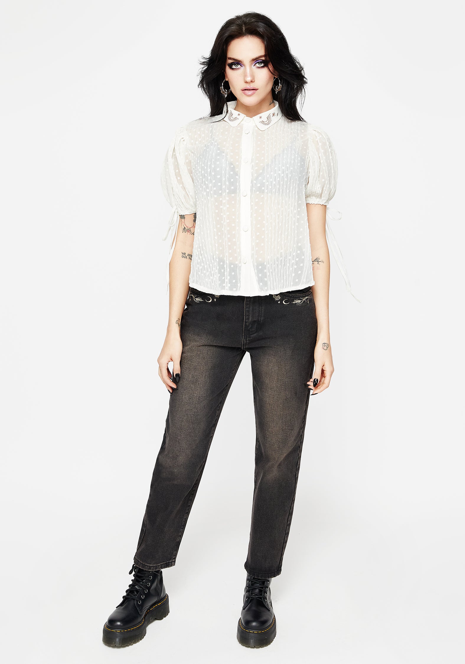 Embroidered Chiffon Blouse with Puff Sleeves & Velour Bows | Madeleine