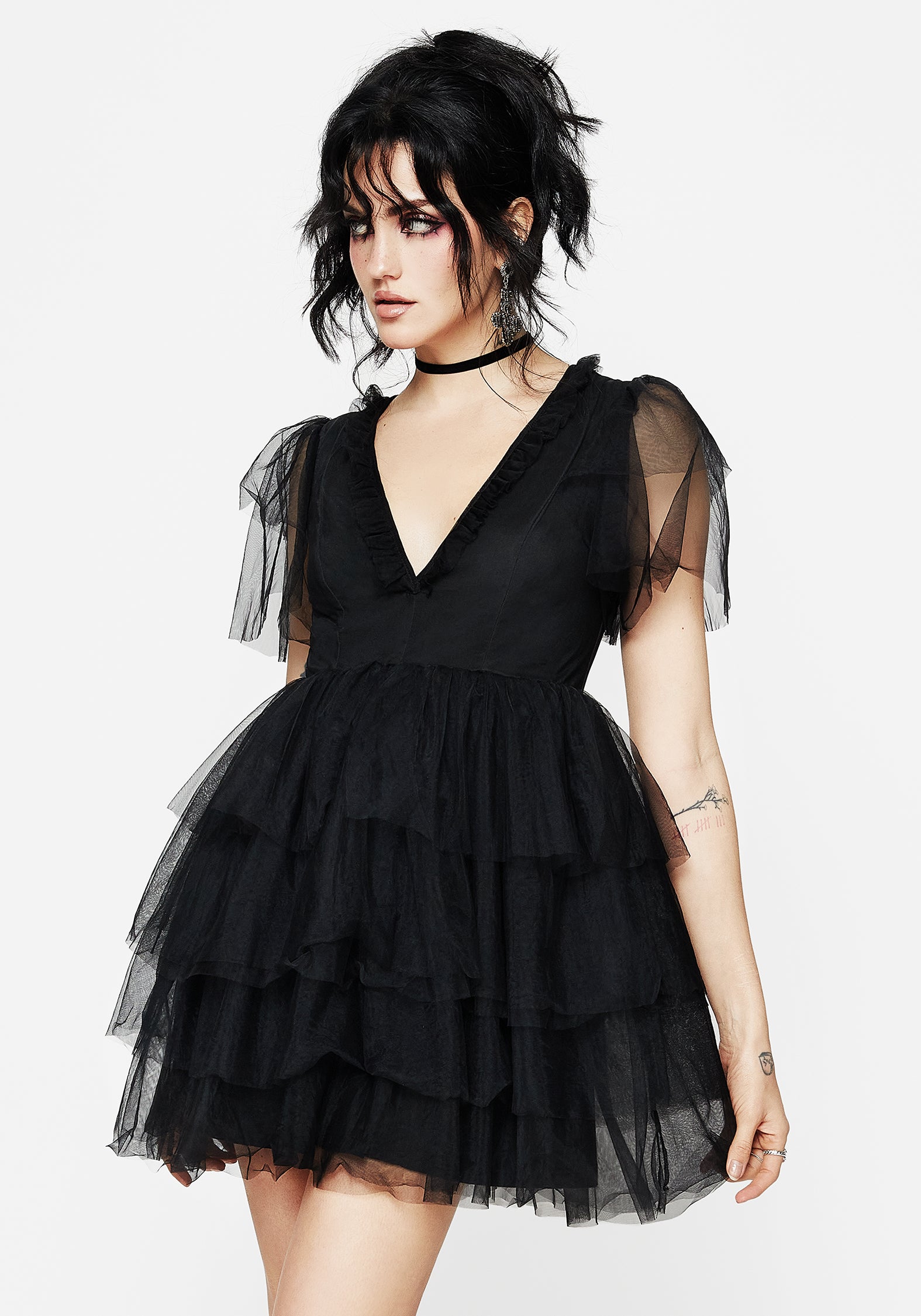 Black Tulle Mini Dress with V-Neck & Ruffled Sleeves | Krysta