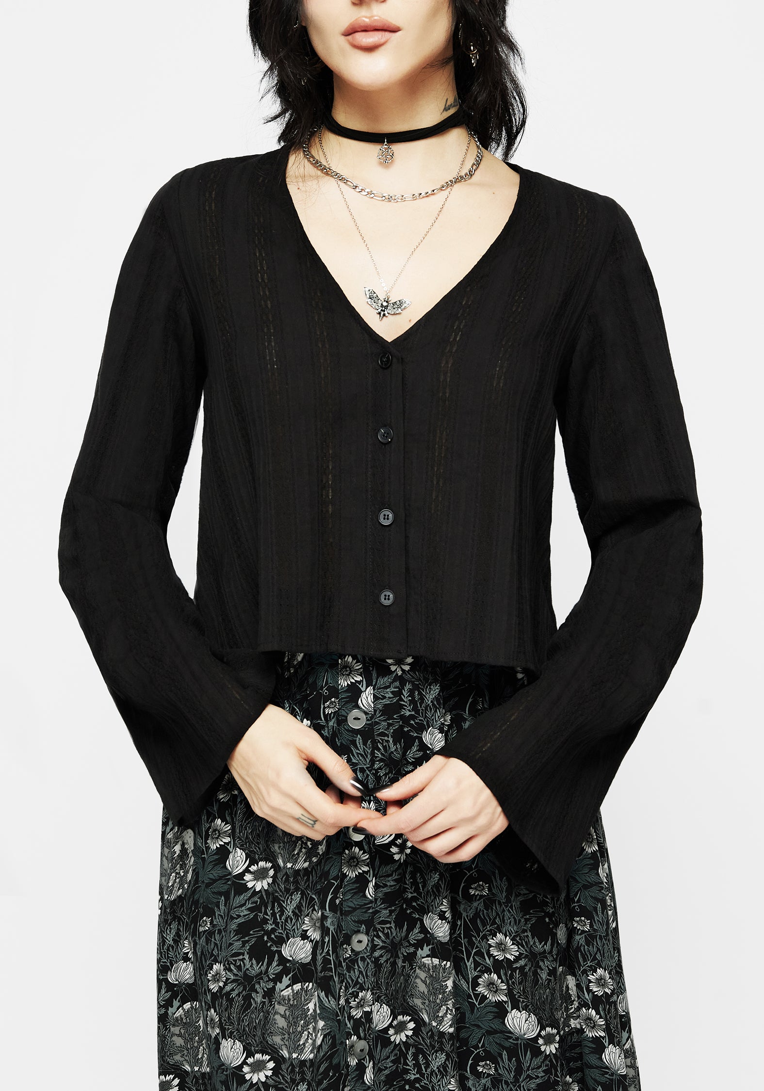 Broderie Flute Sleeve Button-Up Blouse | Marcia