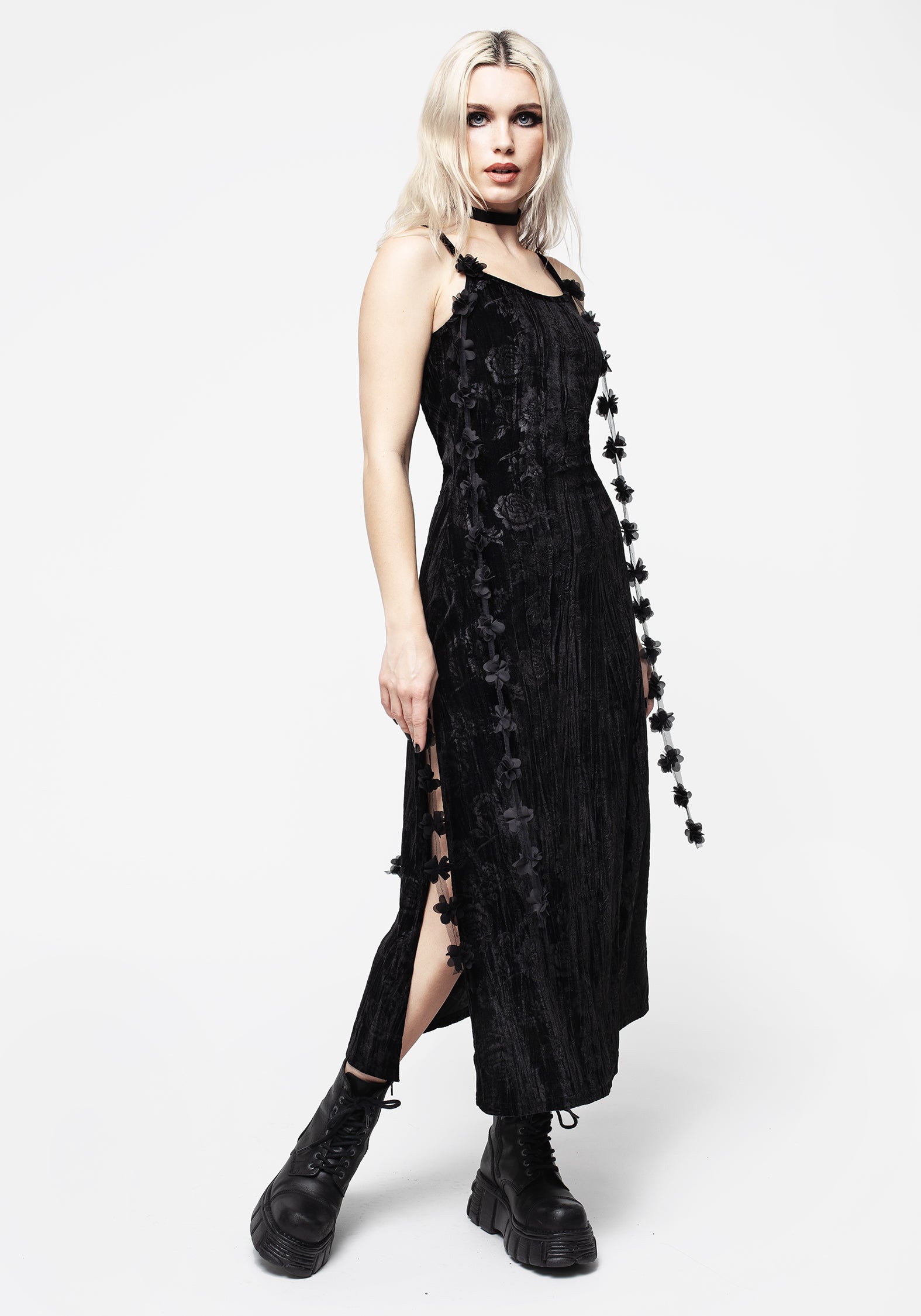 Black Floral Velour Cami Midaxi Dress with Blossom Lace Ties | Blossom