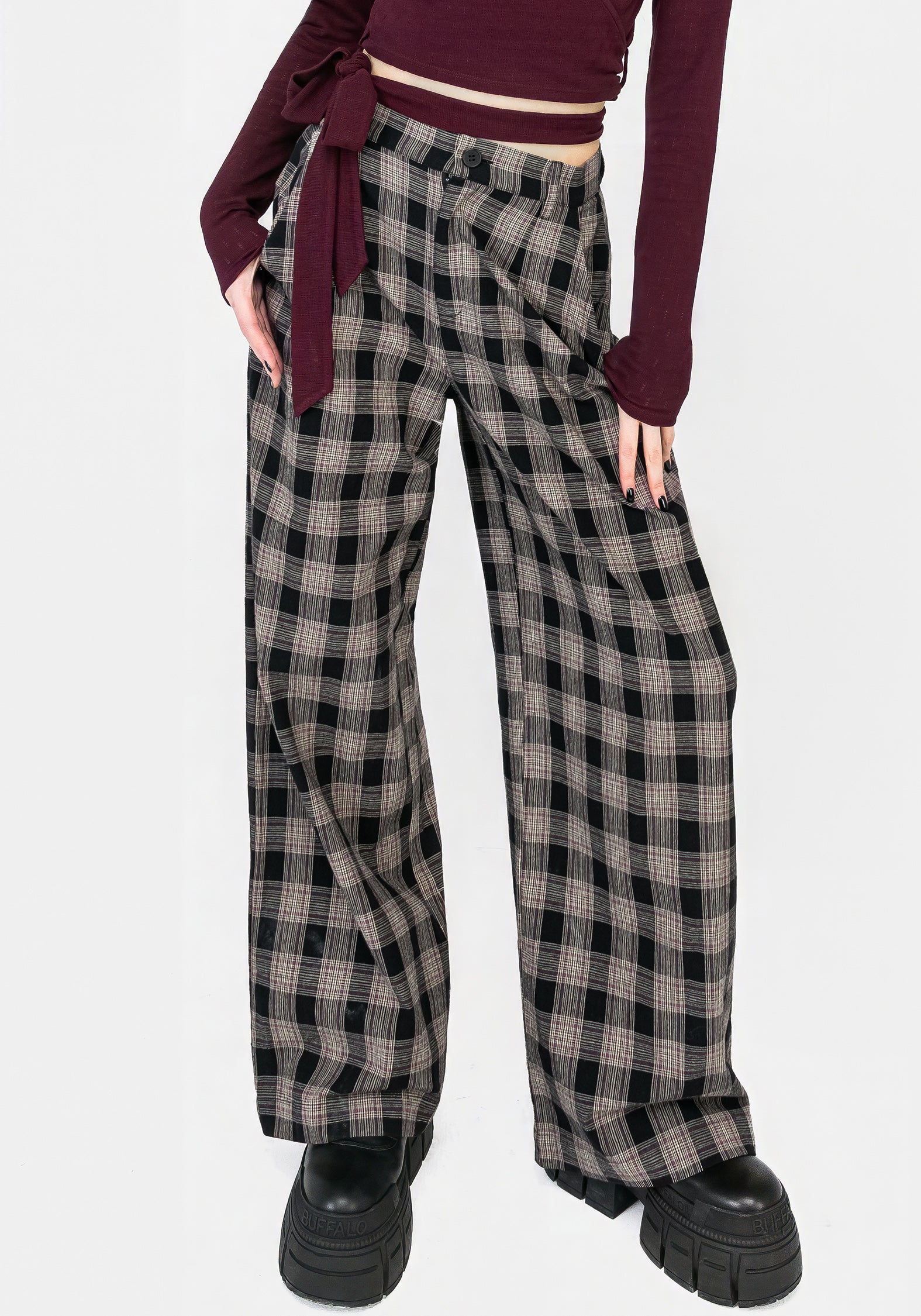 Wide Leg Check Trousers for Women | High-Rise & Comfort Fit | Glenda