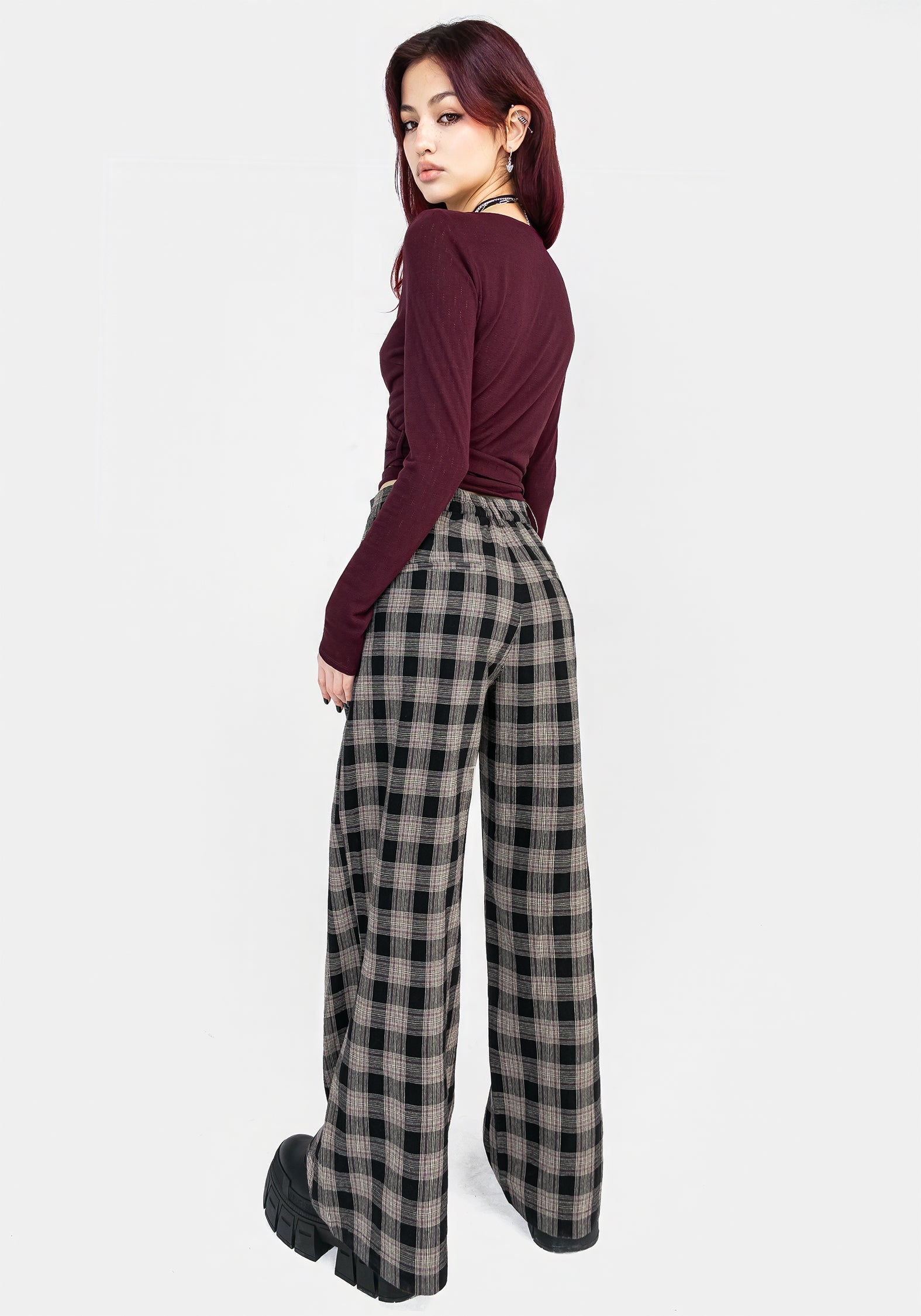 Wide Leg Check Trousers for Women | High-Rise & Comfort Fit | Glenda