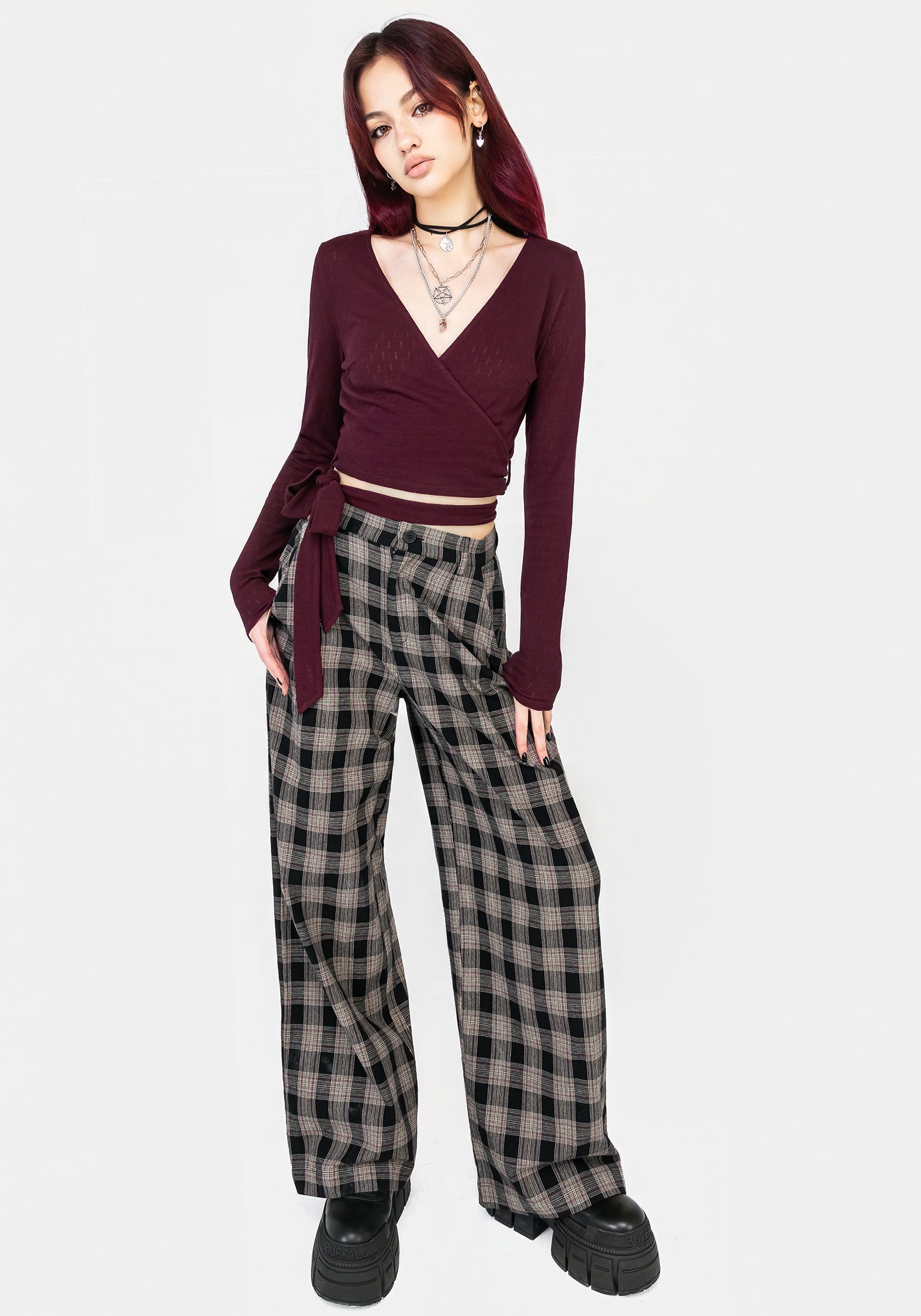 Wide Leg Check Trousers for Women | High-Rise & Comfort Fit | Glenda