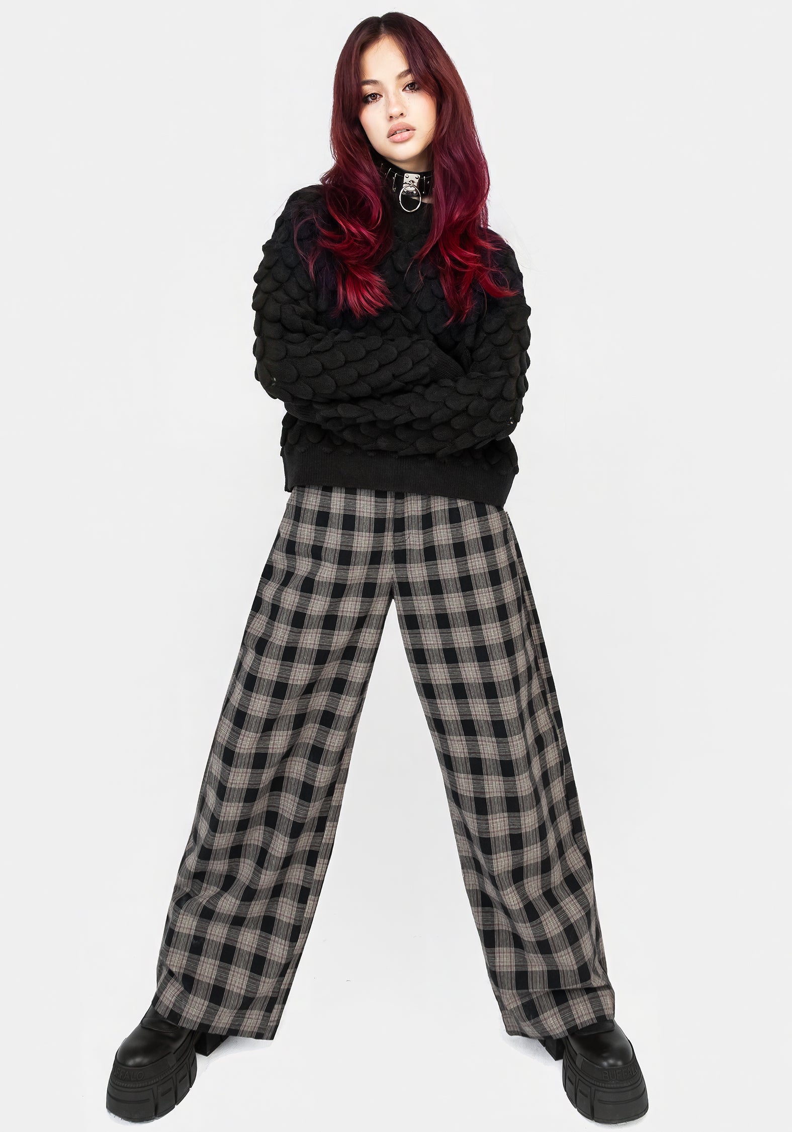 Wide Leg Check Trousers for Women | High-Rise & Comfort Fit | Glenda