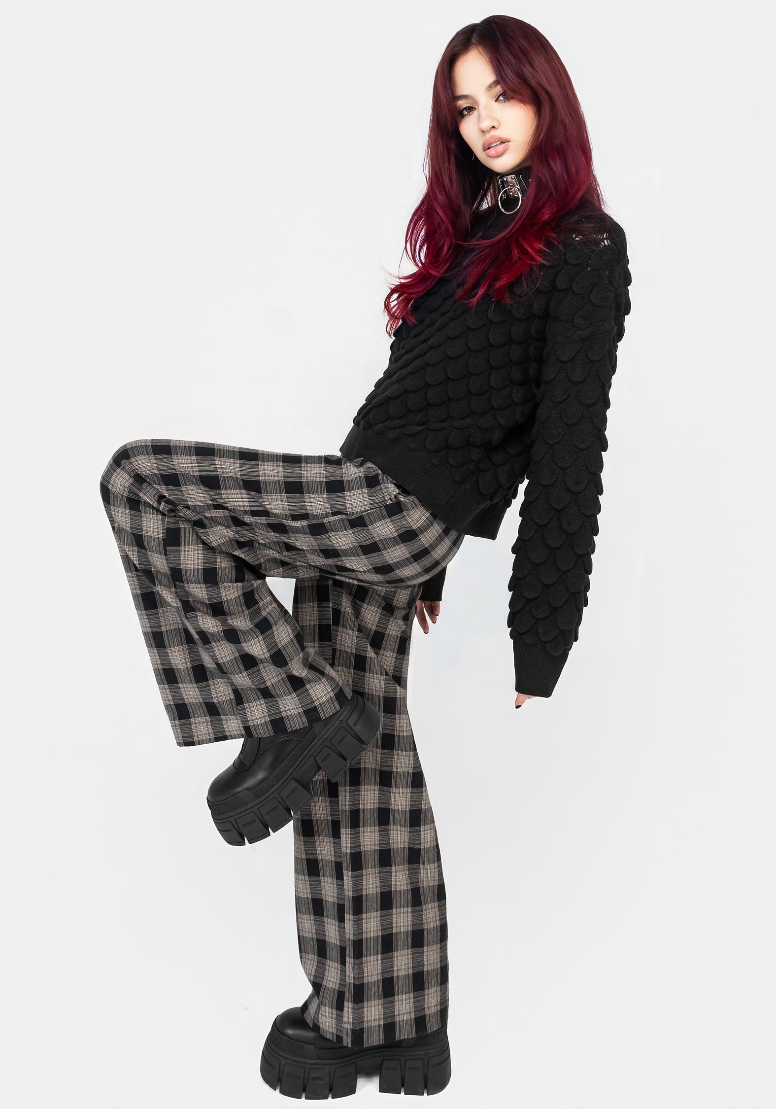 Wide Leg Check Trousers for Women | High-Rise & Comfort Fit | Glenda