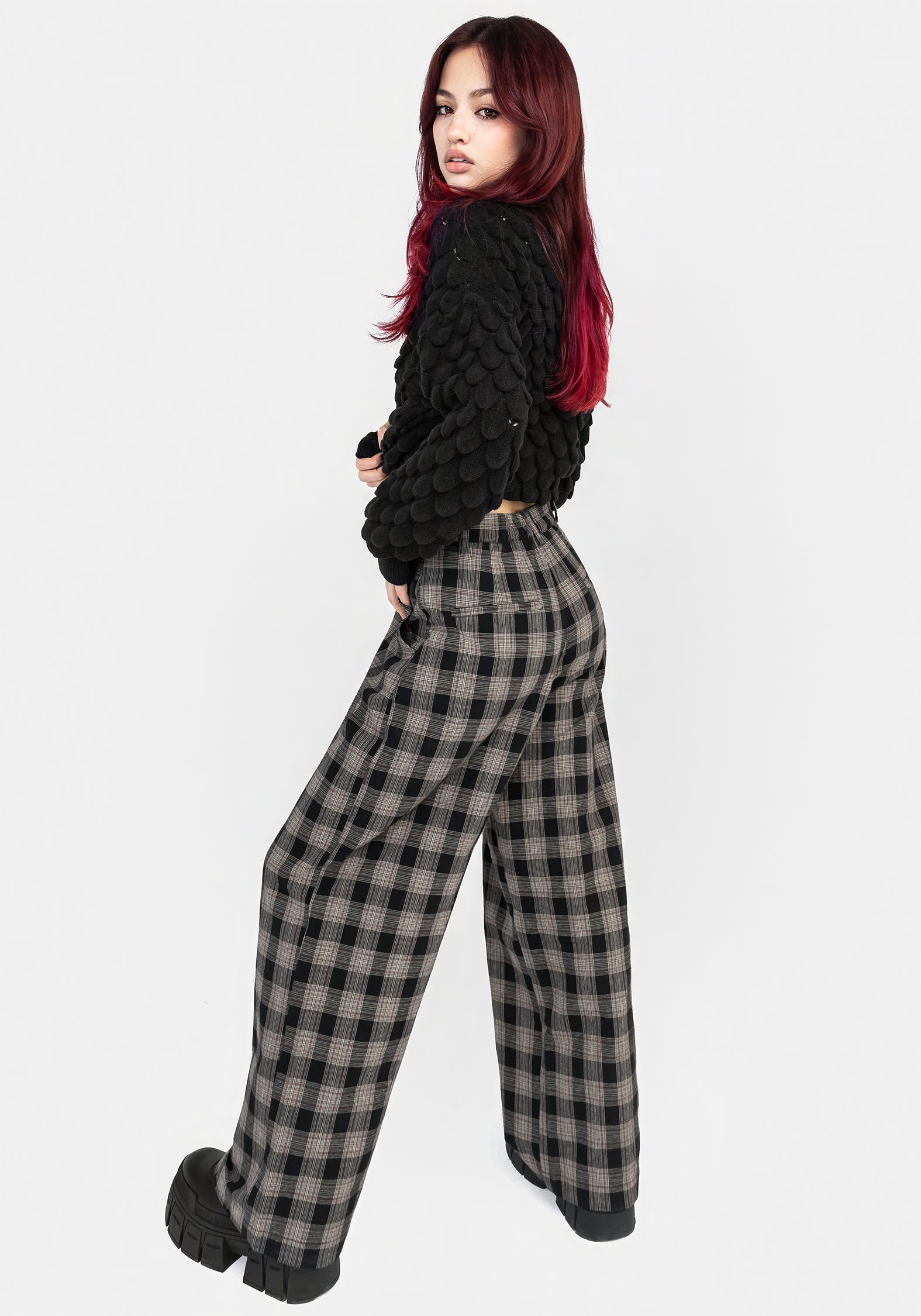 Wide Leg Check Trousers for Women | High-Rise & Comfort Fit | Glenda