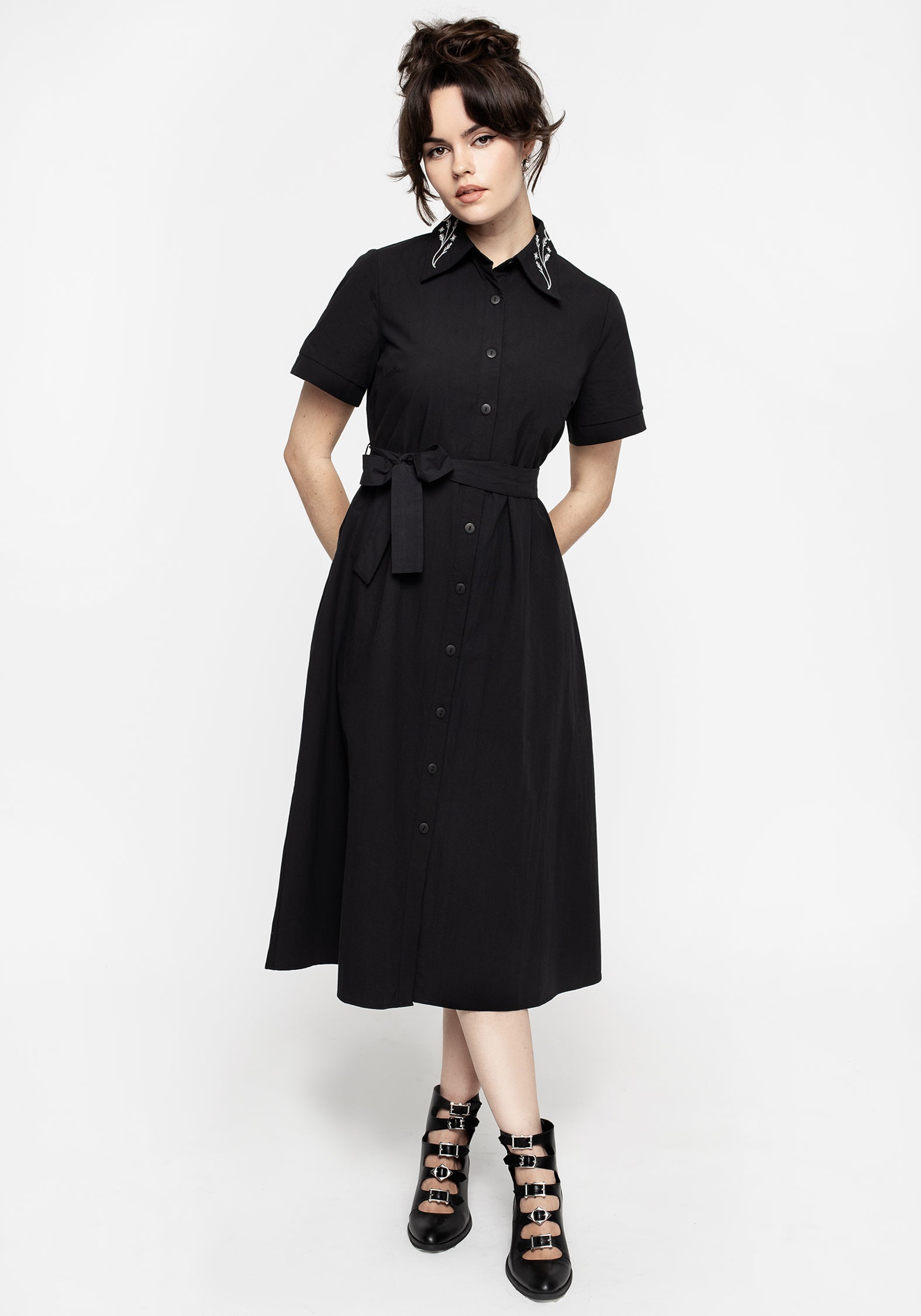Black Embroidered Collar Midi Shirt Dress | Goodfellow