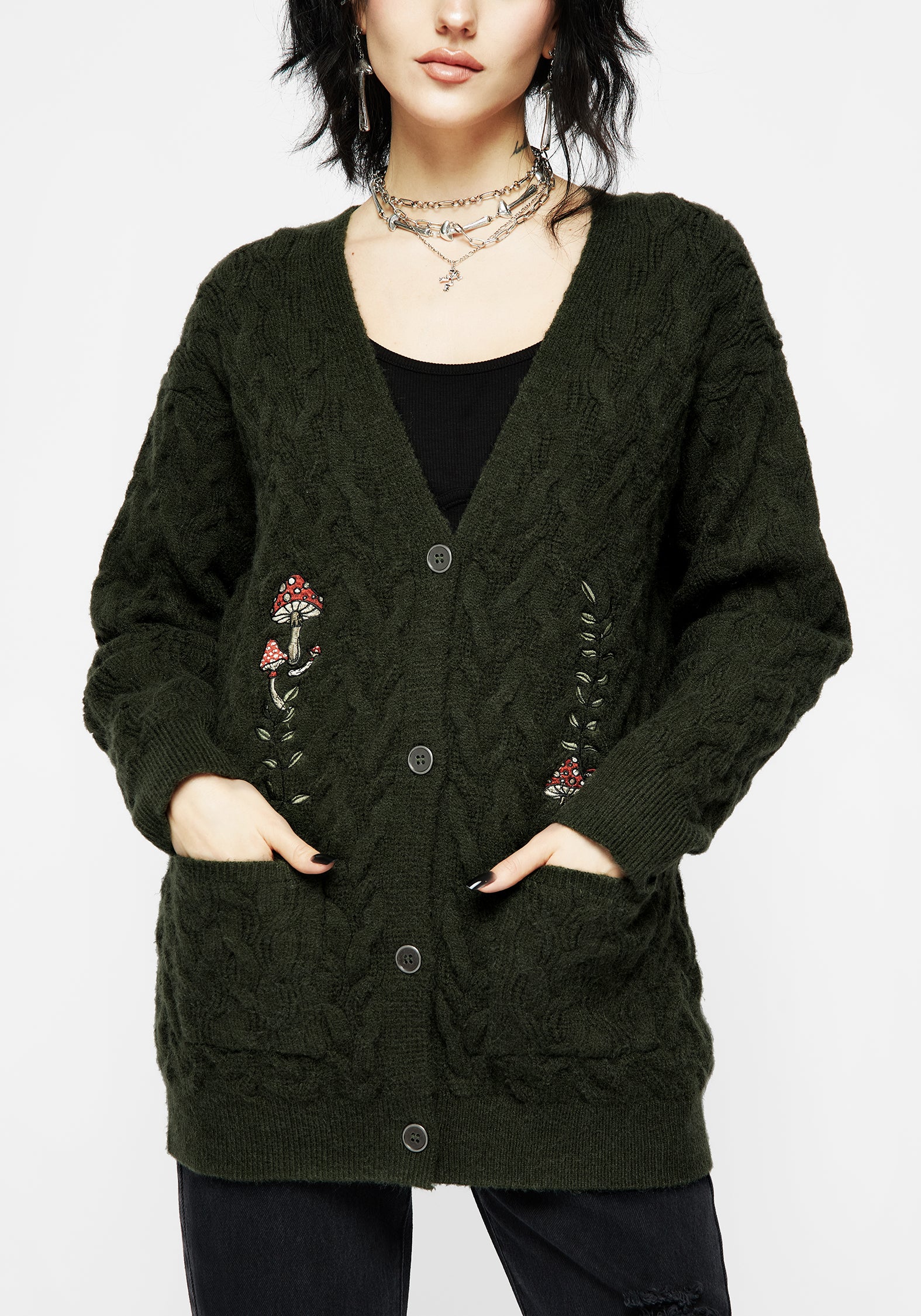 Embroidered Cable Knit Cardigan with Mushroom Design | Seelie