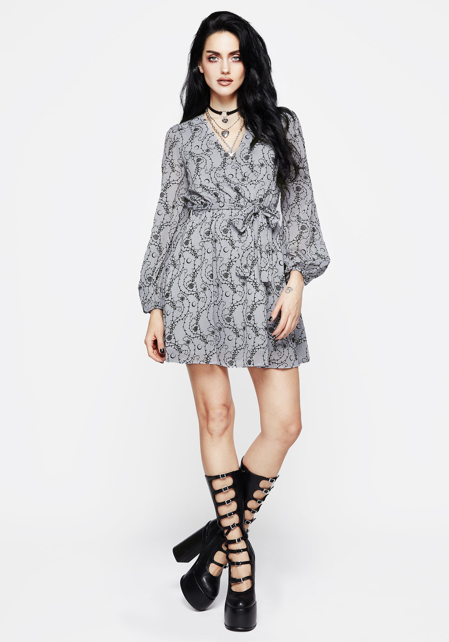 Blue Flocked Velour Wrap Mini Dress | Rosethorn