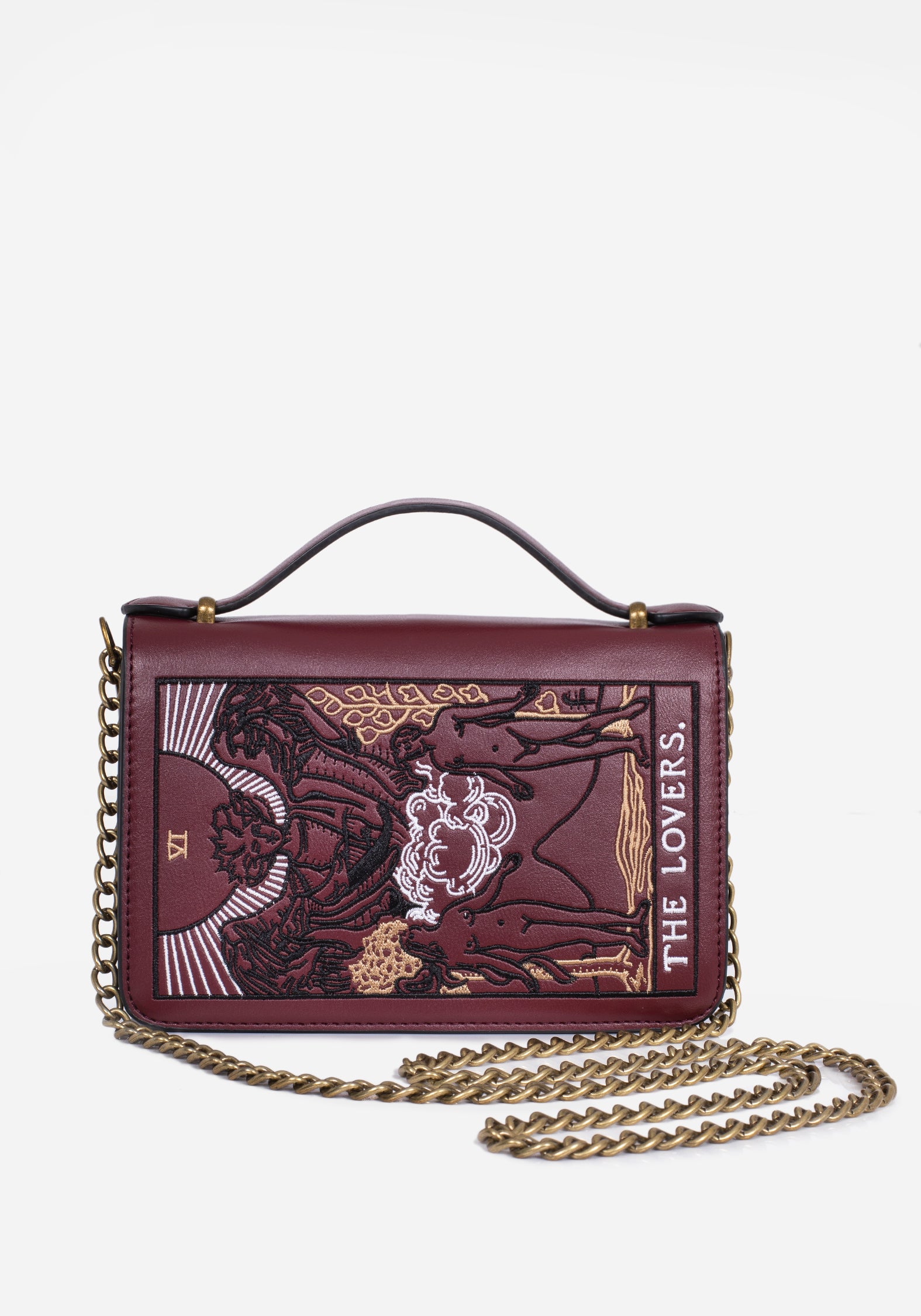 Burgundy Embroidered Crossbody Clutch Bag with Gold Chain Strap | Lovers Tarot Design