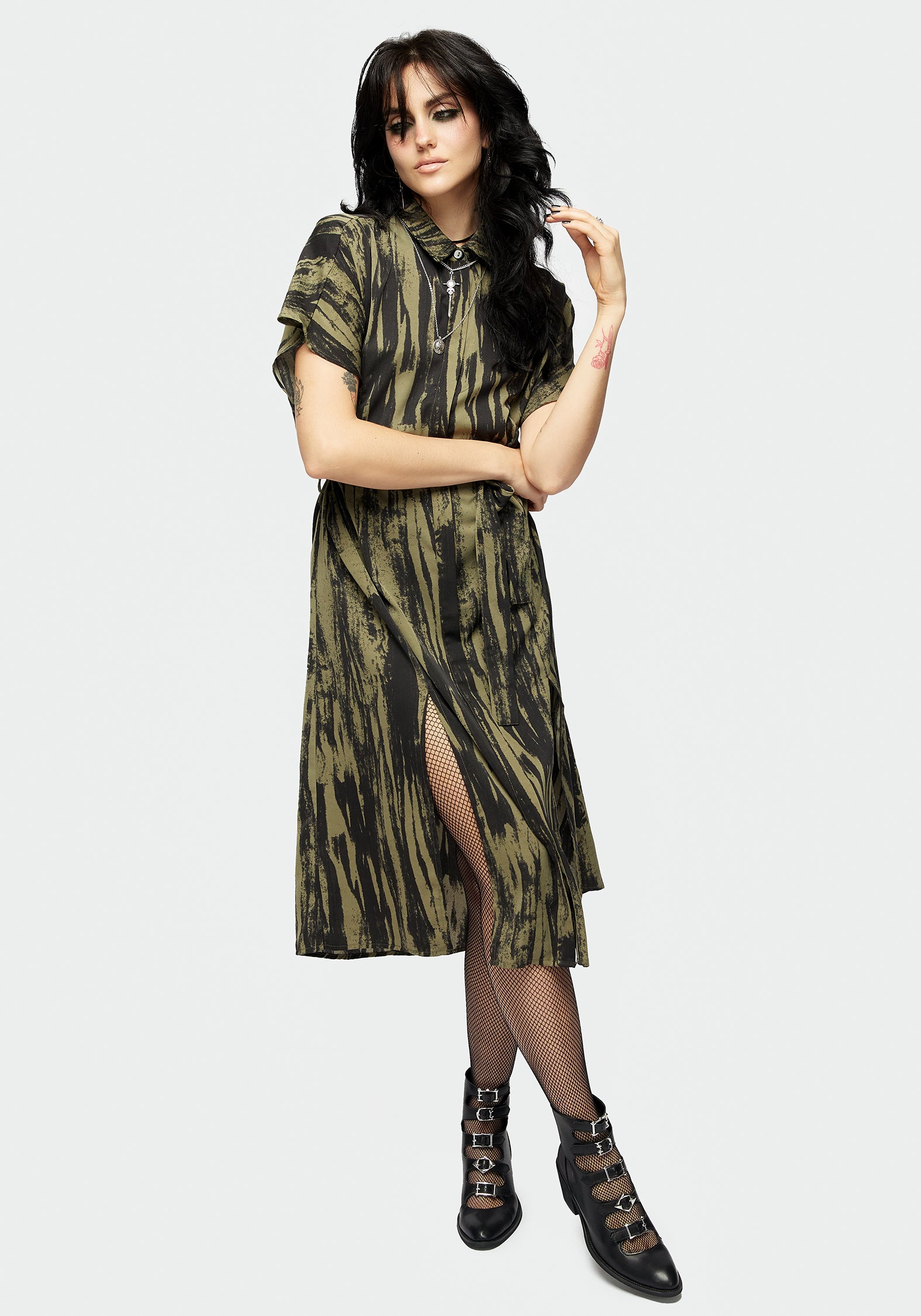 Tie Waist Midi Shirt Dress with Button-Up Front & Cap Sleeves | Hegemone
