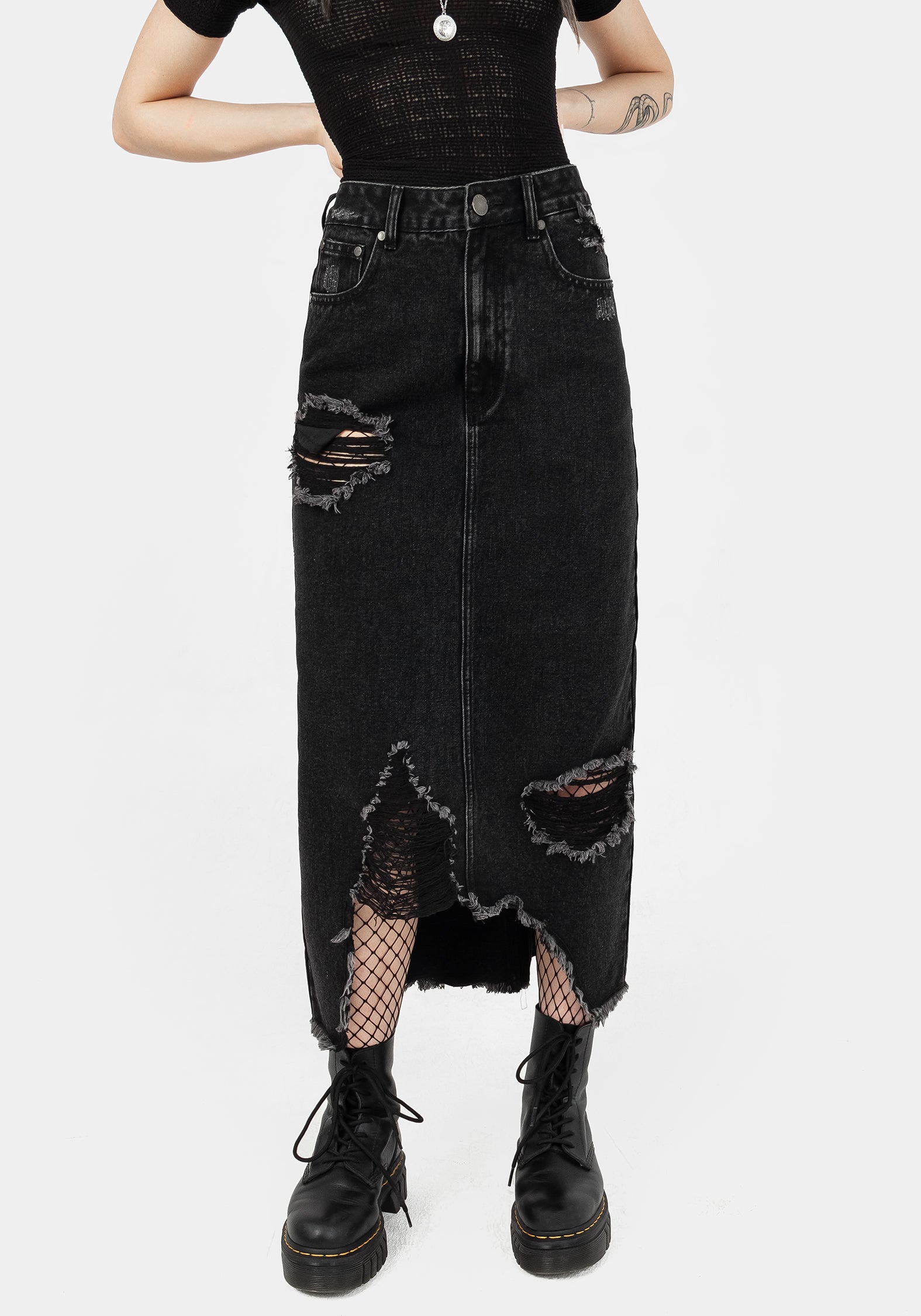Distressed Denim Midaxi Skirt with High-Rise Fit | Ursula