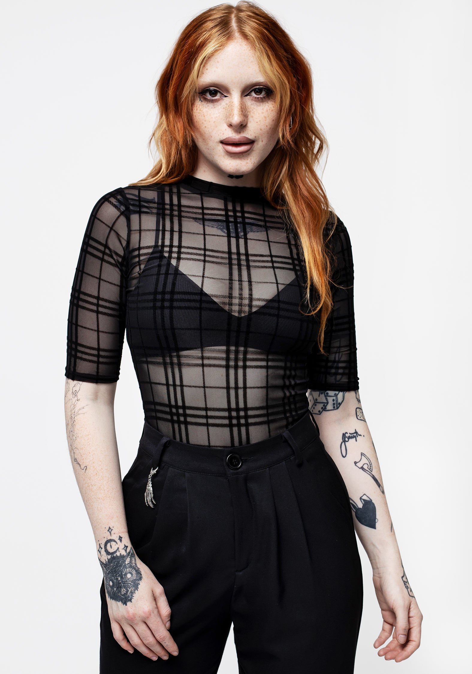 Black Check Mesh Crop Top with Short Sleeves | Buffy