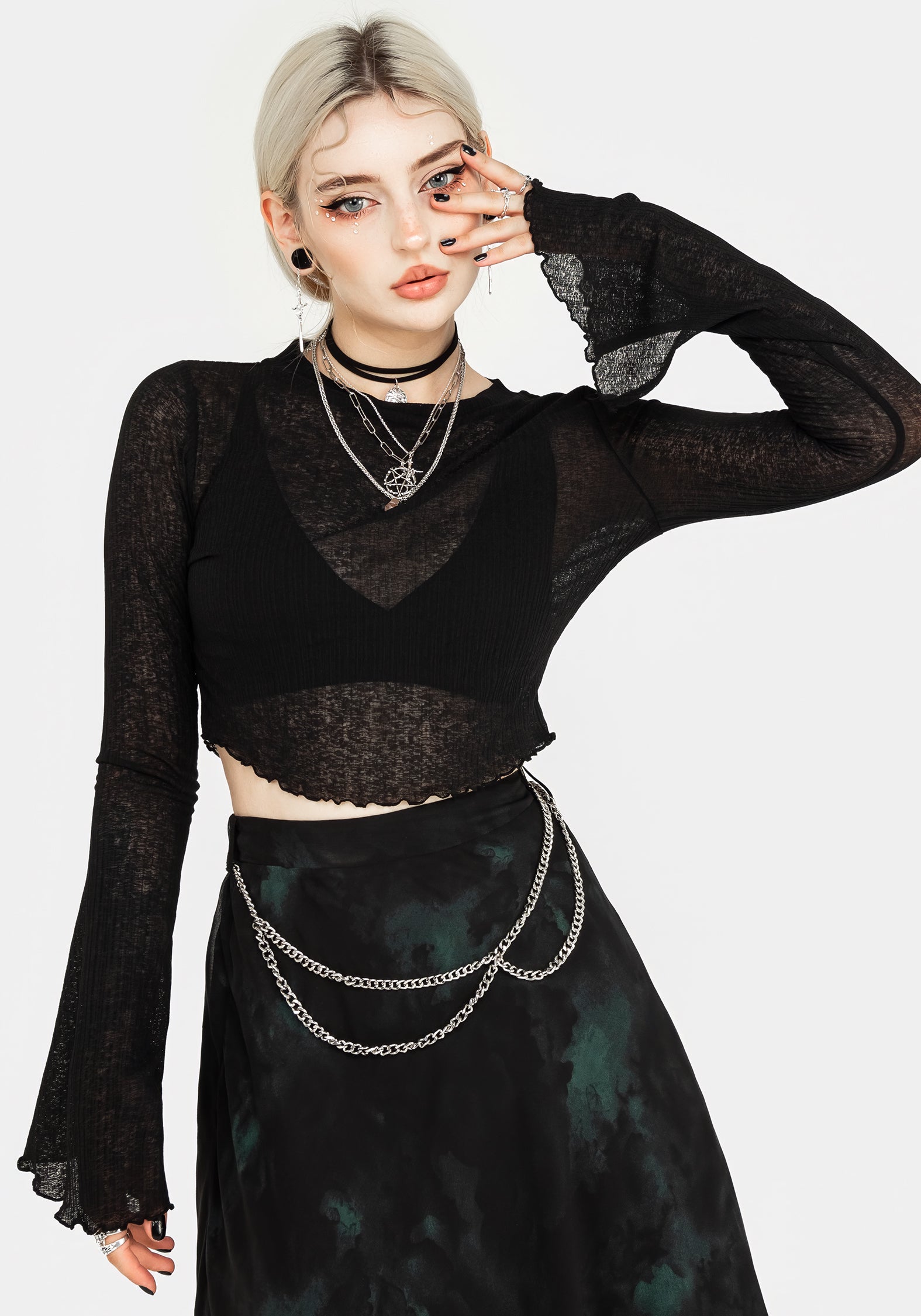 Black Sheer Long-Sleeve Crop Top with Flared Sleeves | Cassia Jersey