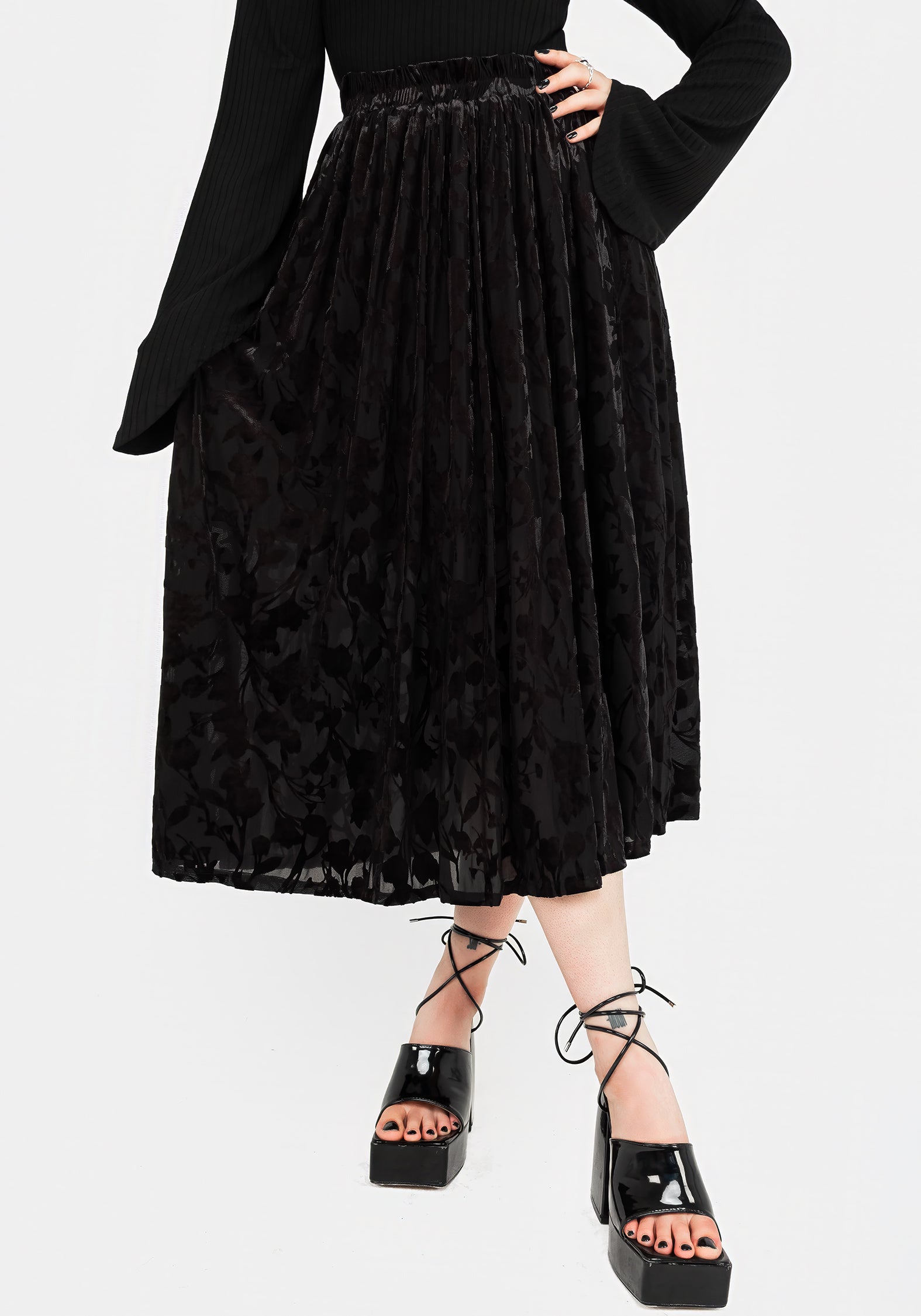Black Floral Devoré Mesh Midi Skirt with Elastic Waistband | Ava Devoré