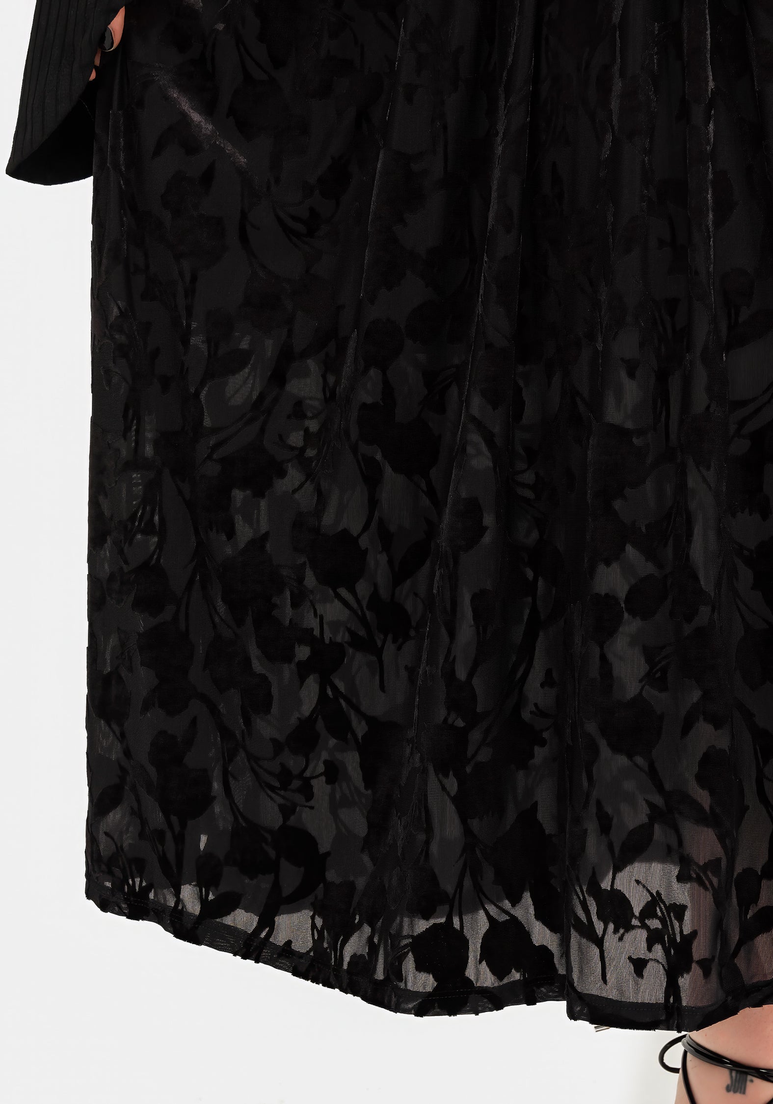 Black Floral Devoré Mesh Midi Skirt with Elastic Waistband | Ava Devoré